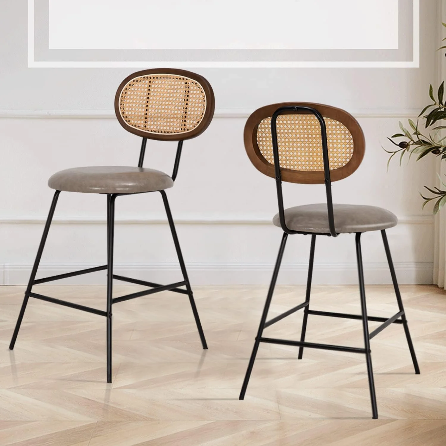 CHYTRV Rattan  Stool  Indoor Leather  Stools   Counter Height  Stools with Metal Leg & Rattan Backrest  Armless Dining Room Chairs for Kitchens Island