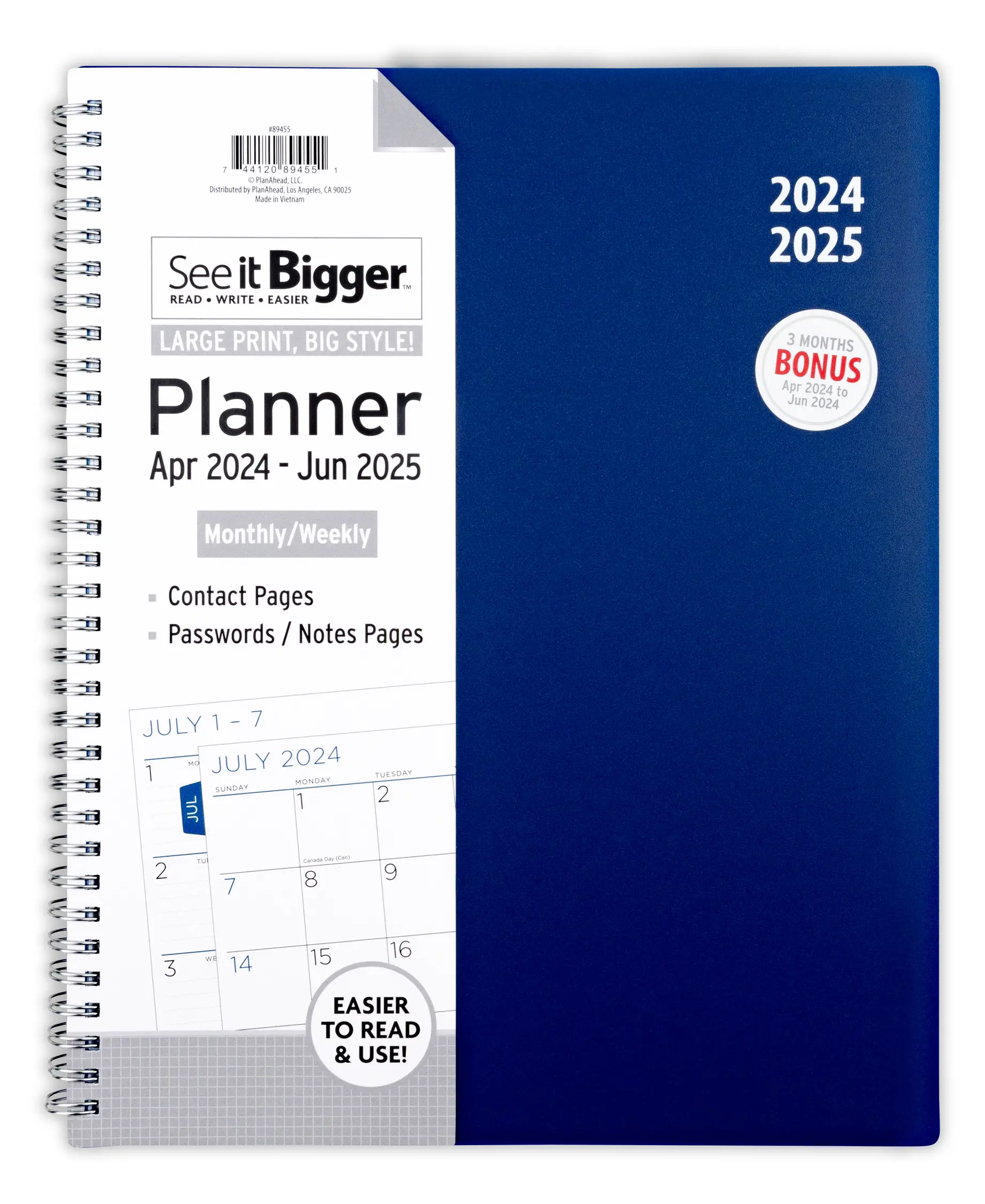 See it Bigger April 2024 - June 2025 Monthly Weekly Dated Planner (9.25”x 11.25”)