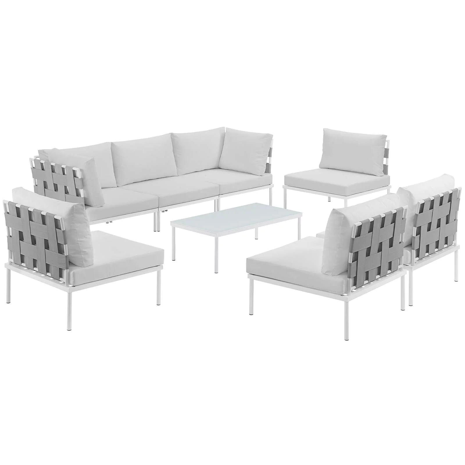 Modern Contemporary Urban Design Outdoor Patio Balcony Eight PCS Sectional Sofa Set, White, Rattan