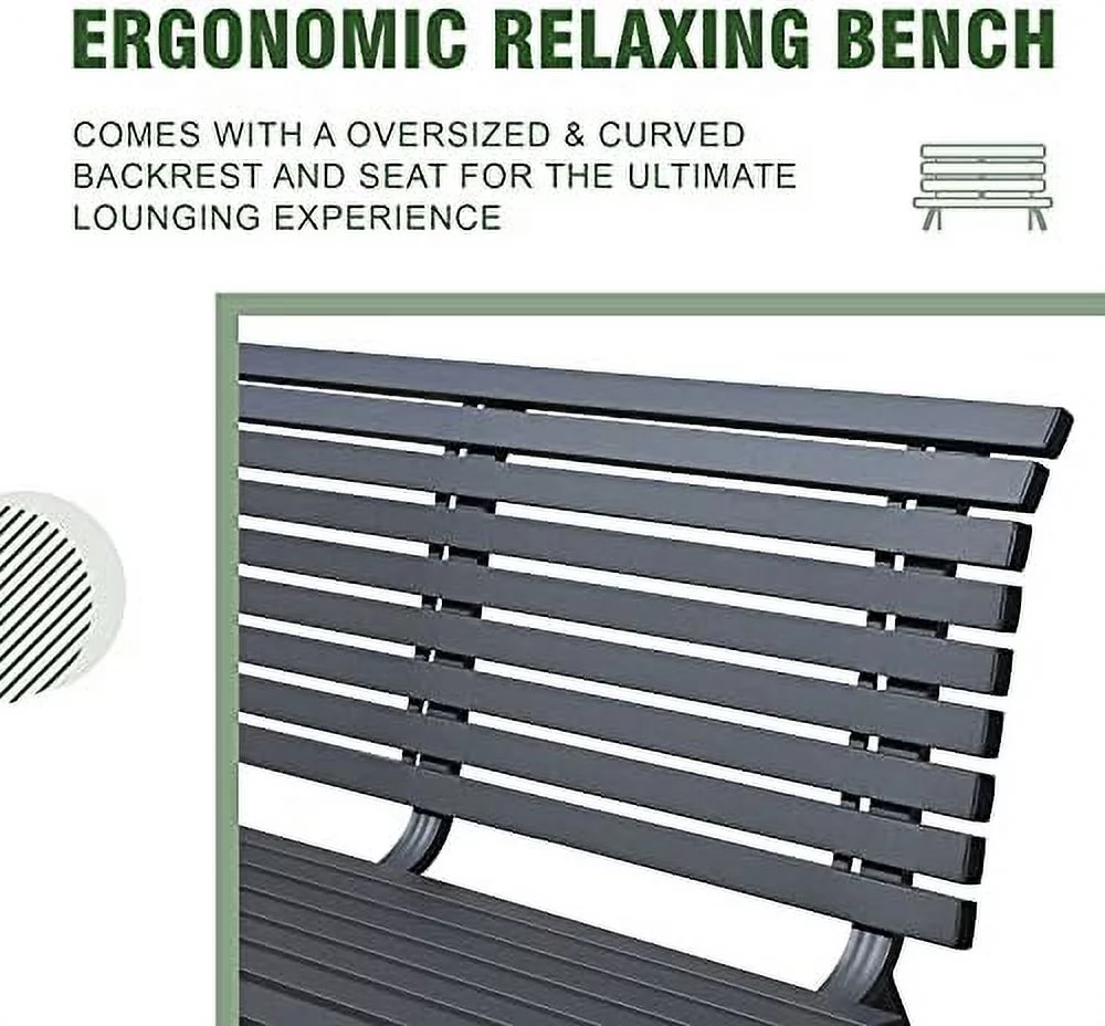 HBLUKDL Outdoor Aluminum Garden Bench  Patio Porch Chair   Slatted Design w/Backrest  Dark Grey