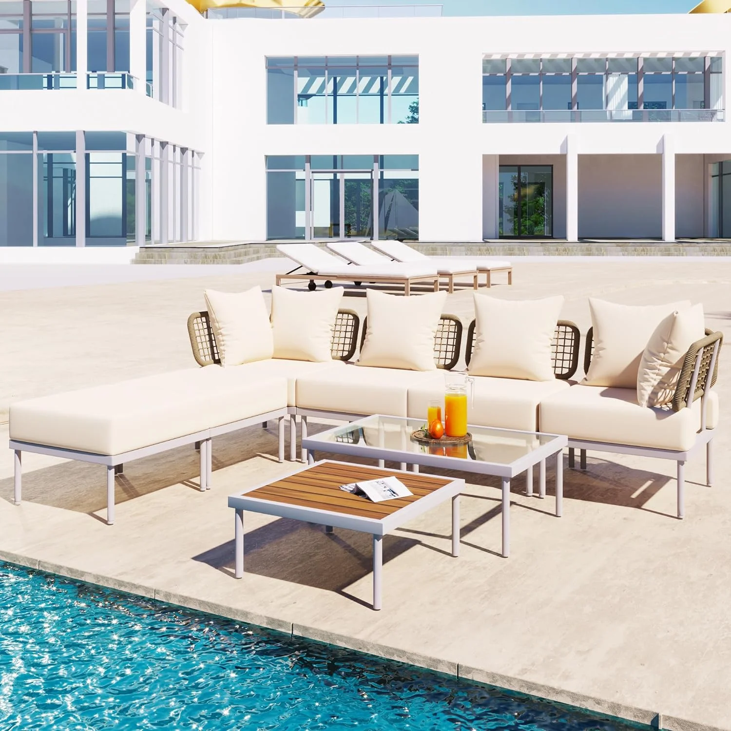 Patio Conversation Set, 6-Piece Outdoor Sectional Sofa Set With Round Nesting Coffee Tables And Seating Sofa With Cushions For Porch/Garden/Poolside, Beige