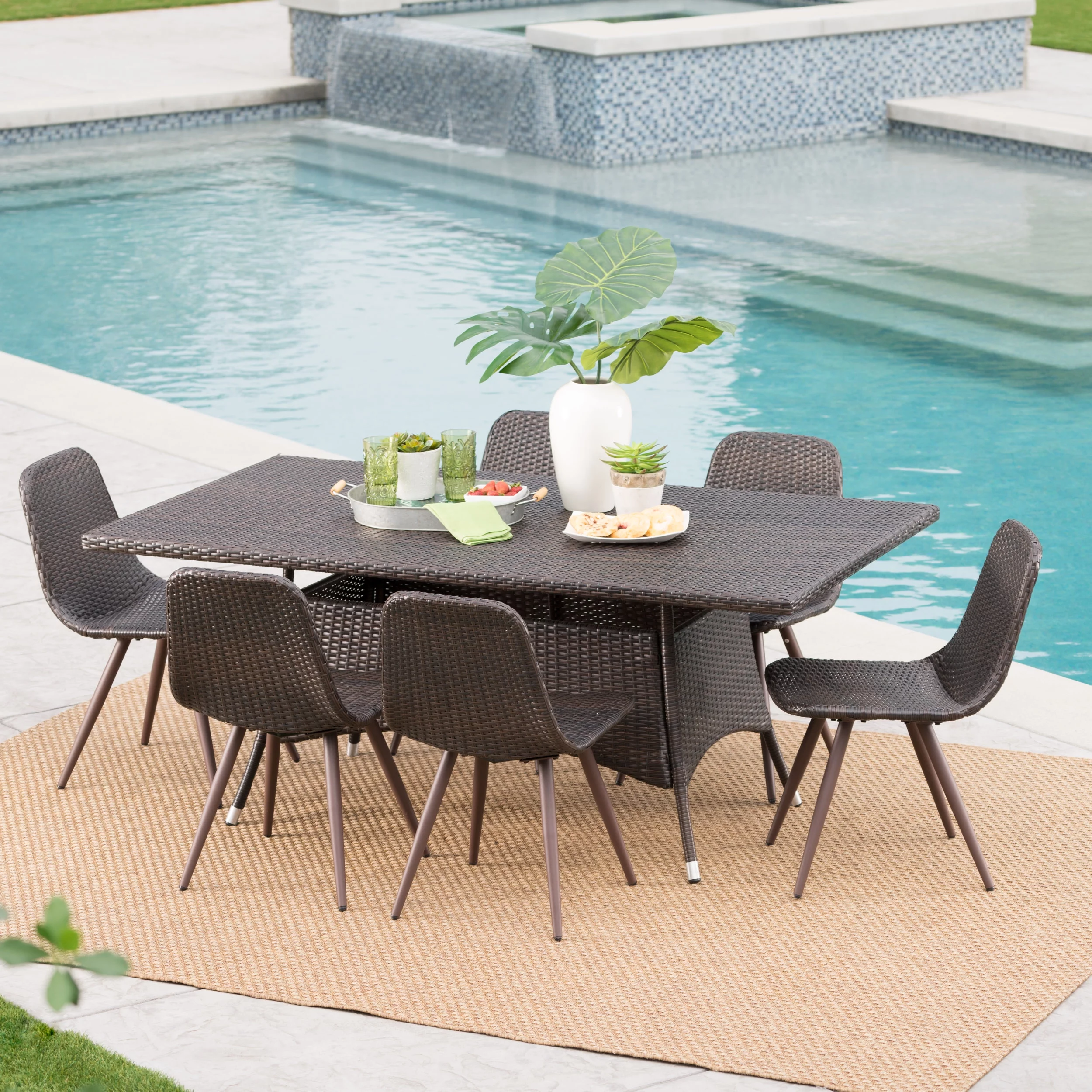 Everett Outdoor 7 Piece Wicker Rectangular Dining Set, Multibrown