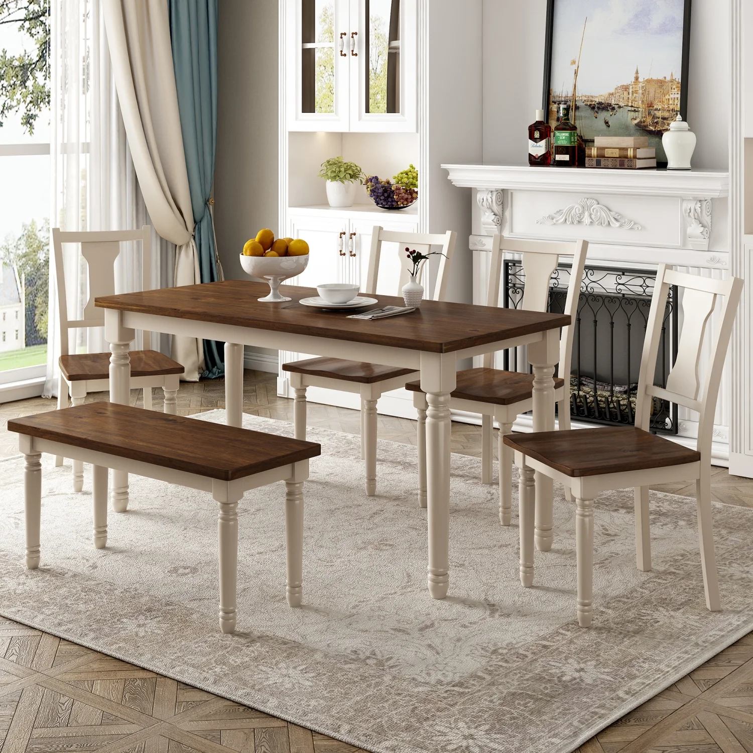 udes a sturdy table and four matching chairs  all crafted from high-quality wood for durability and style. The elegant Cottage White finish complements the warm Brown tones  creating a we