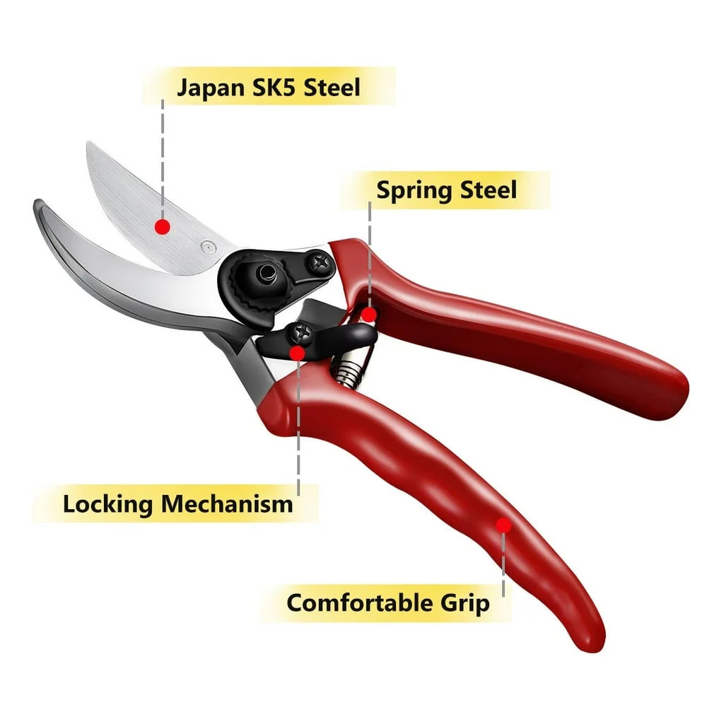 NEWCE   Bypass Pruners 8”  Professional Garden Pruning Shears   Pruners Garden Clippers Tree Trimmers Bypass Secateurs with SK-5 Steel Blade and Locking Mechanism for Branches Stems and F