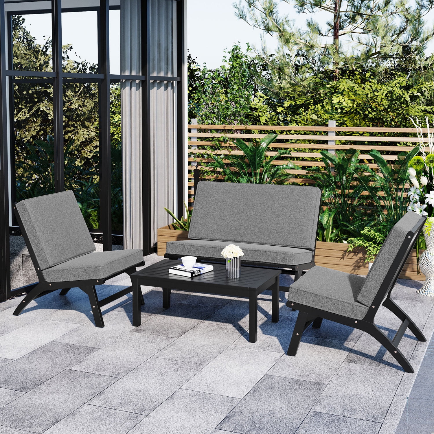 Comfortable and Stylish 4-Piece Black And Gray V-shaped Seats Set in Acacia Solid Wood for Outdoor Sofa  Garden Furniture with Outdoor Seating