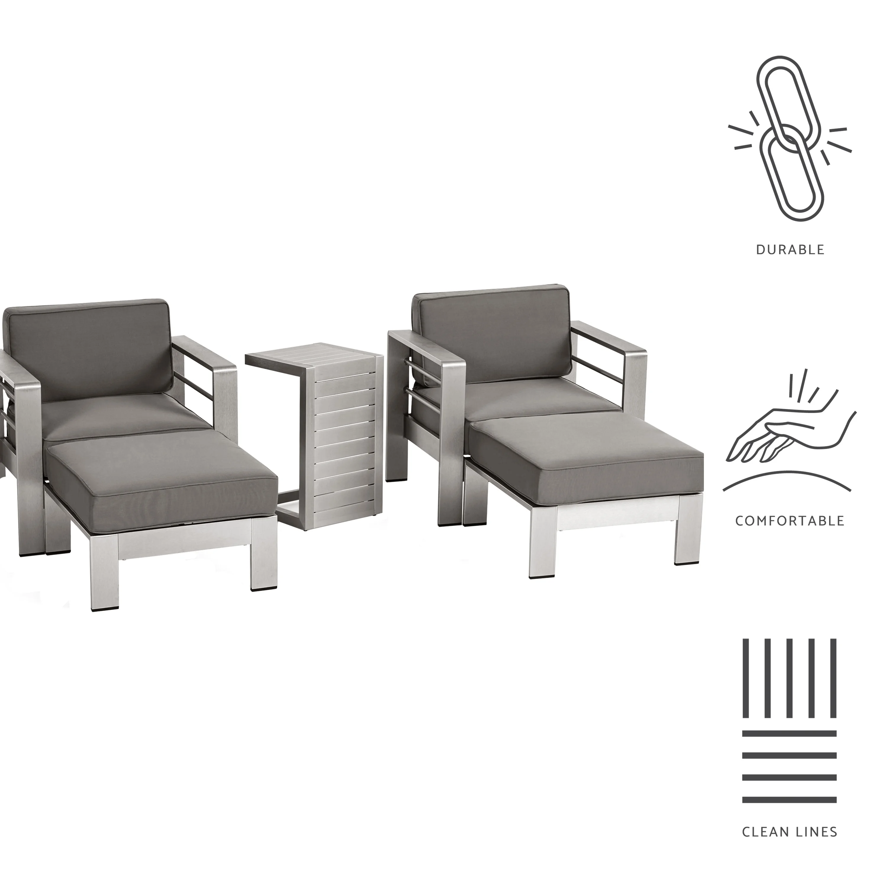 GDF Studio Emily Coral Outdoor Aluminum 2-Seater Chat Set, Silver and Khaki