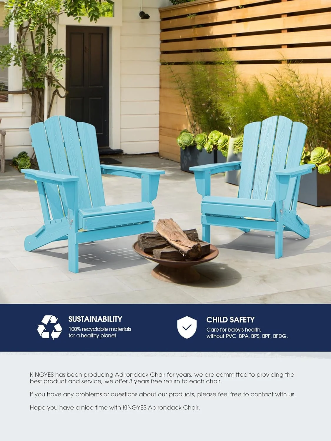 KINGYES Folding Adirondack Chair, HDPE All-Weather Folding Adirondack Chair, Light Blue