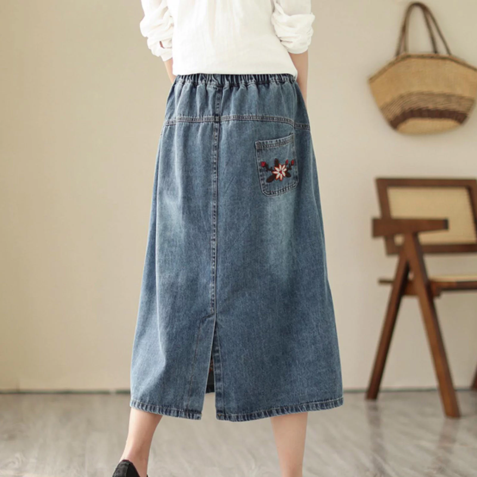 Autumn Cargo Skirt Spring And Summer Half Skirt Elastic Waist A Line Skirt High Waist Embroidery Denim Retro Mid Length Style Two Piece Skirt Set