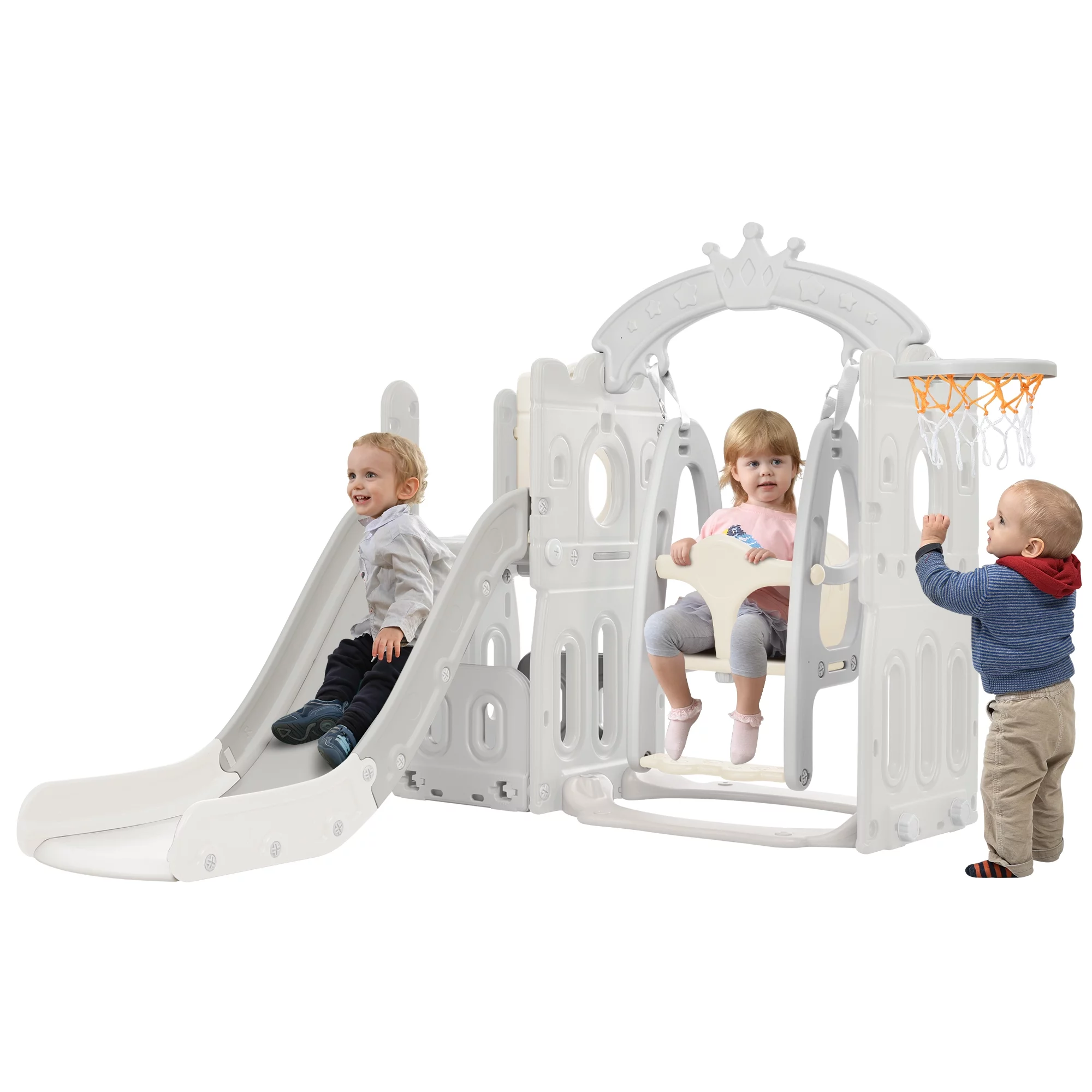 5 in 1 Toddler Slide and Swing Set, Kid Climber Slide Playset with Swing, Basketball Hoop & organizer, Extra Long Slide,Indoor Outdoor Backyard Playground Toy for Toddlers Age 1+,Grey