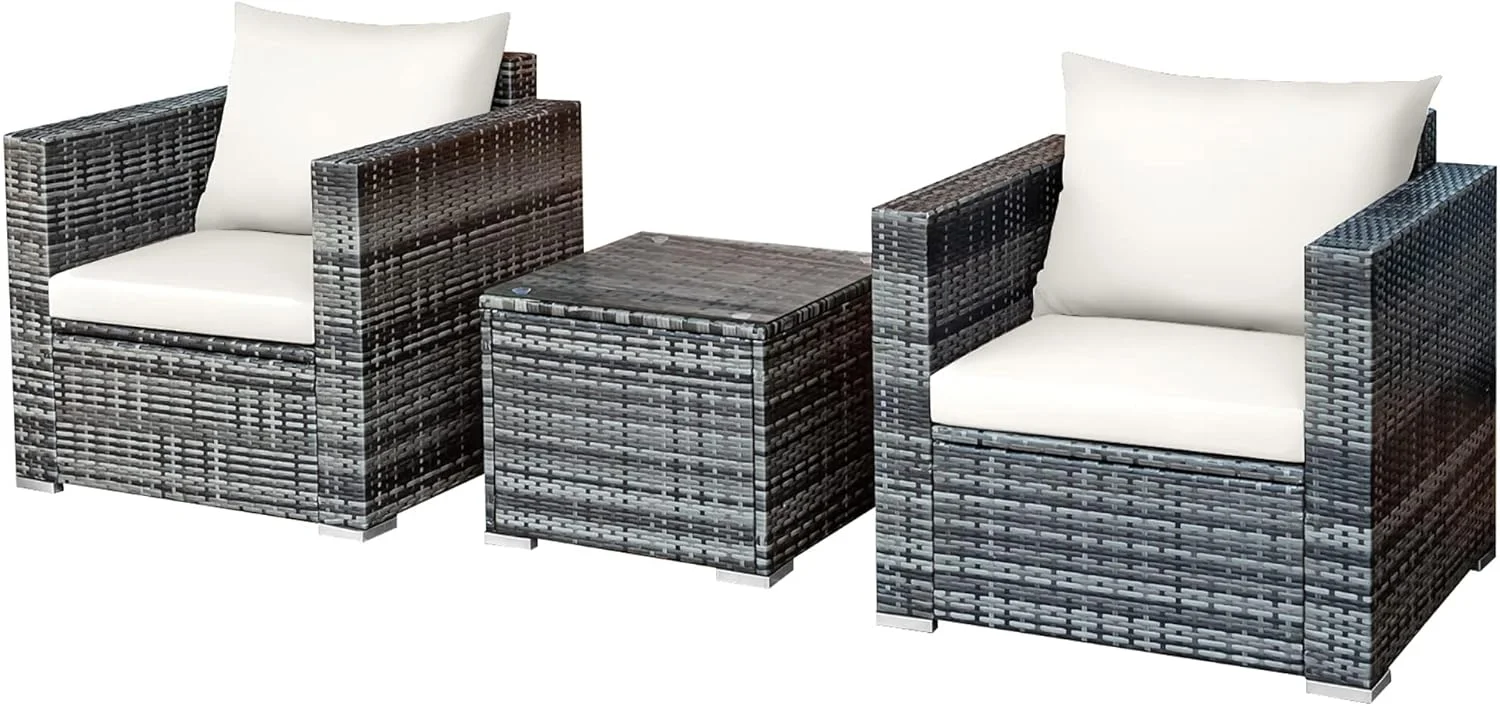 CHIOPKM 3 Pieces Patio  Set  Outdoor Rattan Sofa Couch Set with Cushions  Tempered Glass Coffee   Wicker Patio Conversation Set for Lawn Backyard Poolside Balcony  Navy