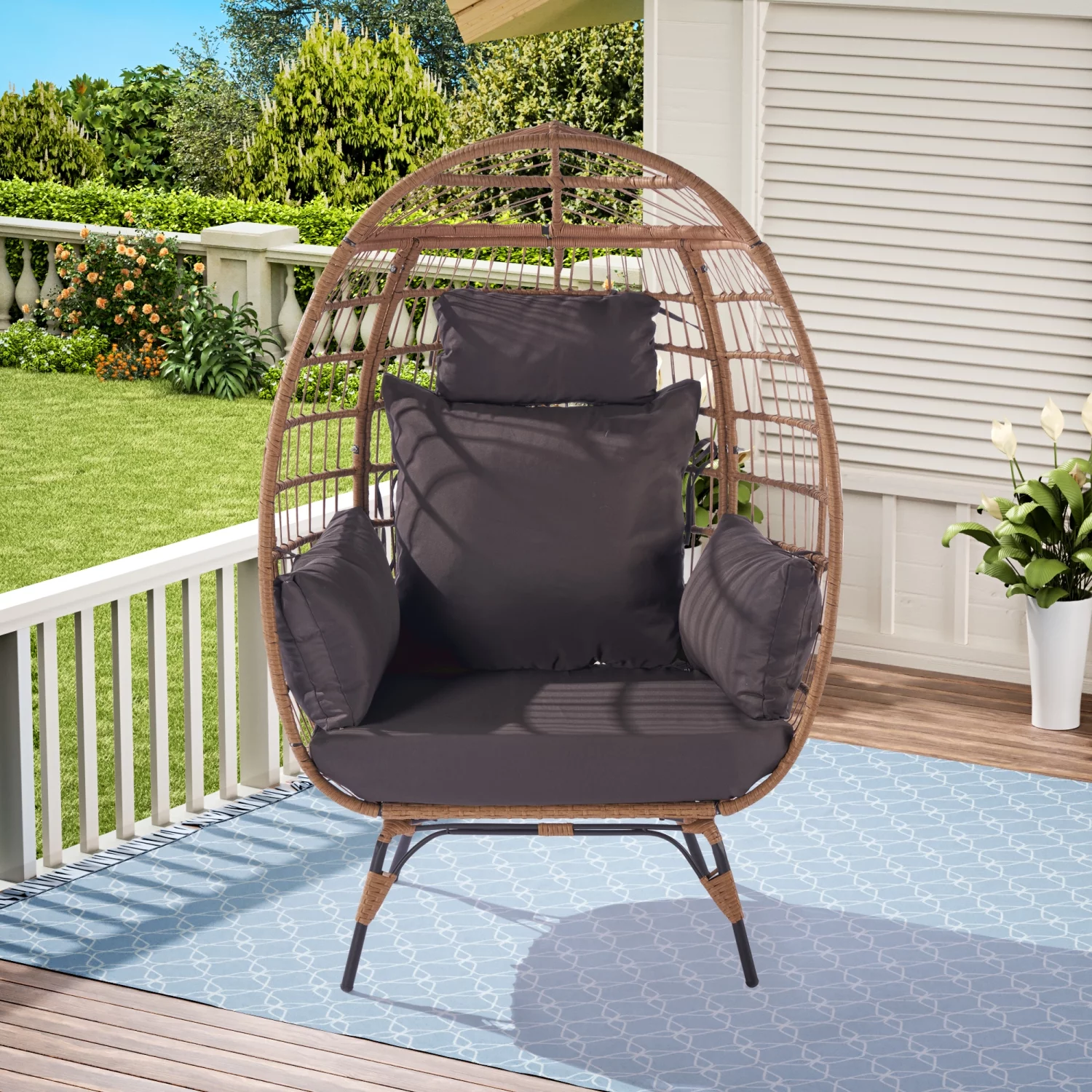 GFSXVNU Wicker Egg Chair  Oversized Indoor Outdoor Lounger for Patio  Backyard  Living Room w/ 5 Cushions  Steel Frame  - Dark Grey