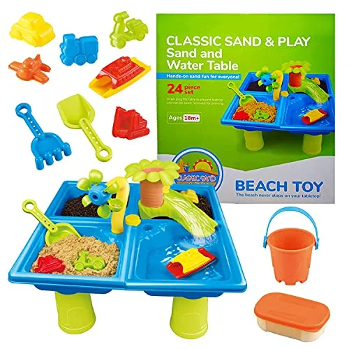 CLASSIC SAND & PLAY Sand and Water Table for Kids, 24 Pc Set, Fun Activity Center for Toddlers with Plastic Molds, Shovel, Waterfall, and Leak-Free Tray, Hands-On Early Learning Toy