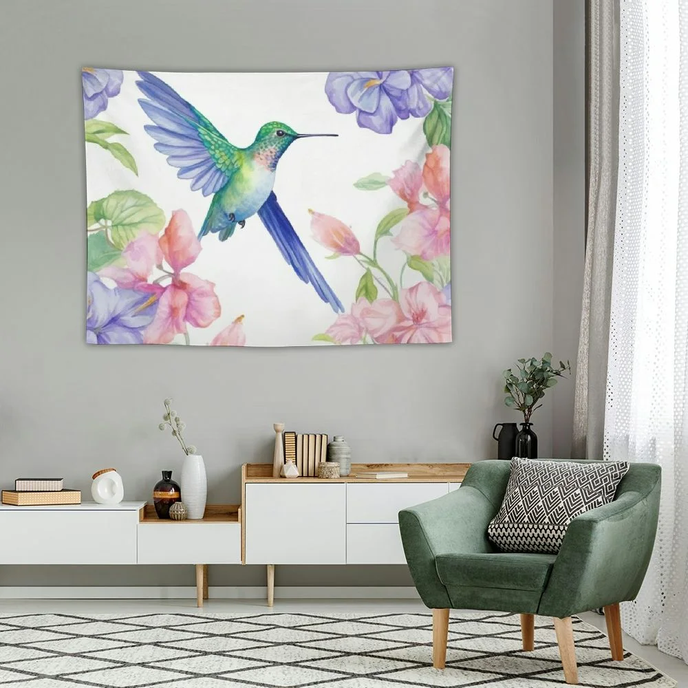 COMIO Bird and Floral Tapestry Watercolor Flowers Butterflies and Hummingbird Home Decor Tapestry Wall Hanging for Bedroom Living Room Dorm, 40x30 Inch