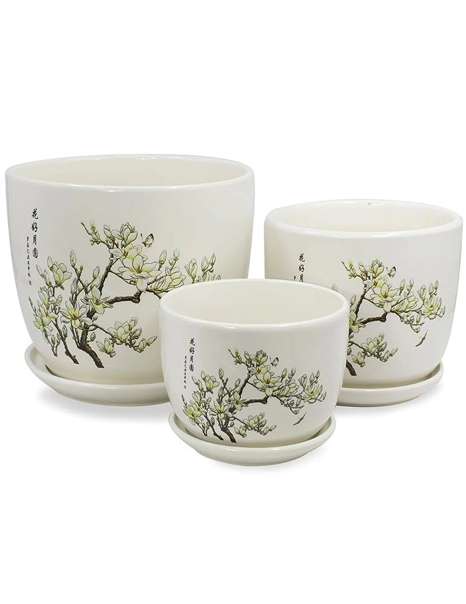 Set Of 3 Hand Painted Ceramic Planter/Plant Flower W. Attached Saucer,