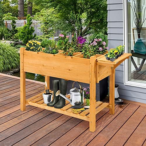 Planter Raised Bed, Elevated Raised Garden Box With 8 Grids And Side Work Table, Outdoor Wood Plant Container Backyard Patio Garden (47Lx21wx31.5H, Garden)