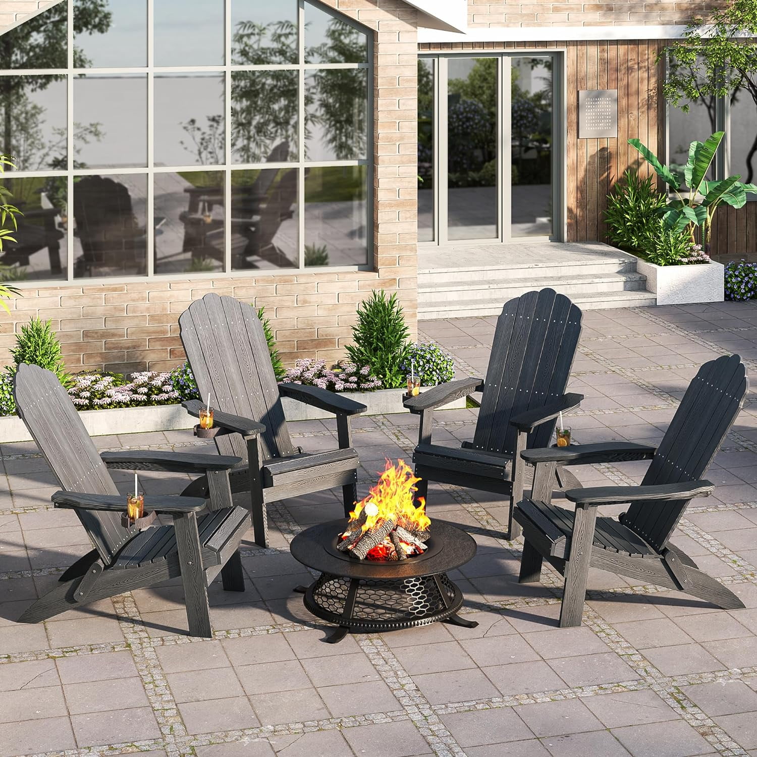 Qsun Folding Adirondack Chair, Fire Pit Chairs, Patio Chairs Weather Resistant with Cup Holder, HIPS Texture Adirondack Chairs, Outdoor Chairs, Grey