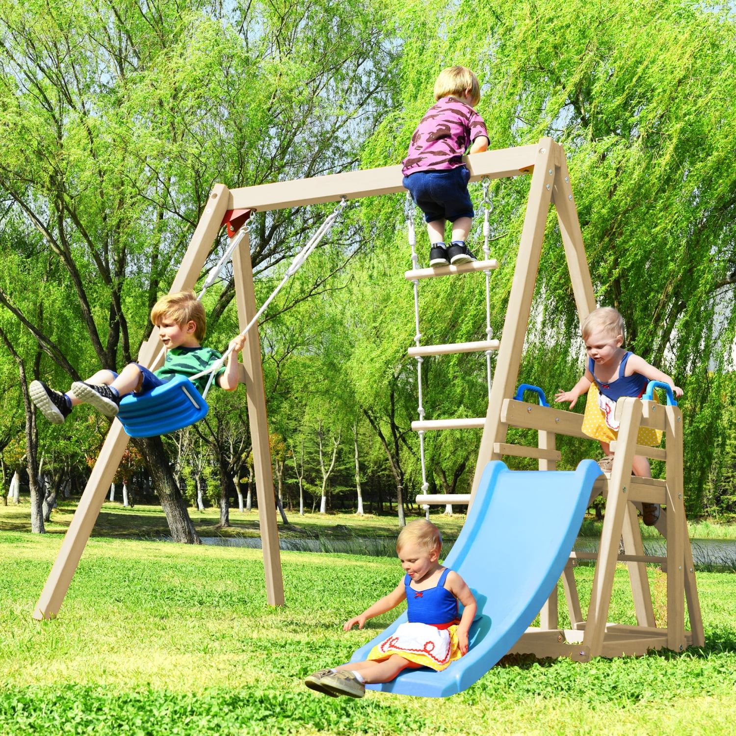 Wooden Swing Set with Slide  Outdoor Playset Backyard Activity Playground Climb Swing Outdoor Play Structure for Toddlers  Ready to Assemble Wooden Swing-N-Slide Set Kids Climbers