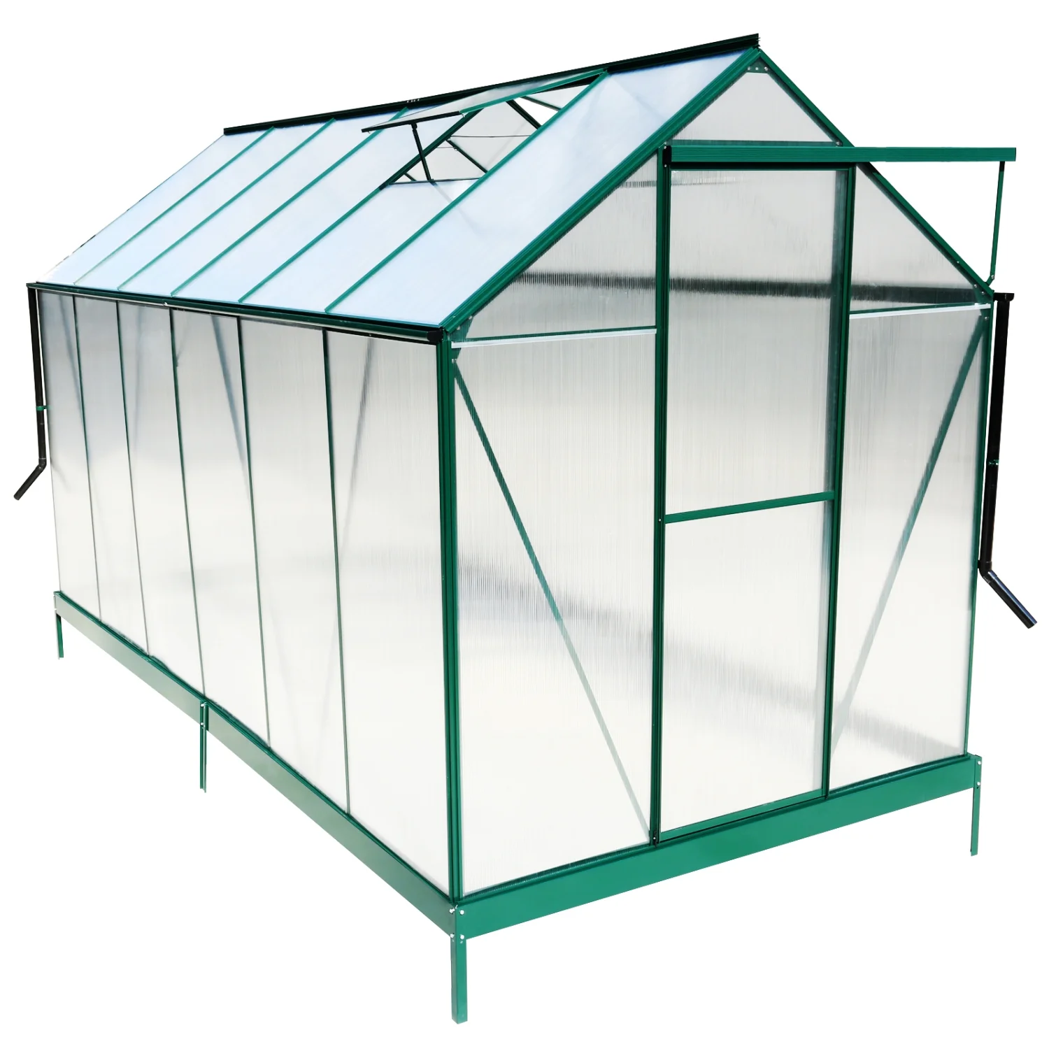 Durable and Spacious Heavy Duty Green Polycarbonate Greenhouse with Rain Gutter  Vent  and Door for Backyard Garden - Green Color Aluminum Walk-in Green House - Measures 6.3 feet by 12.2