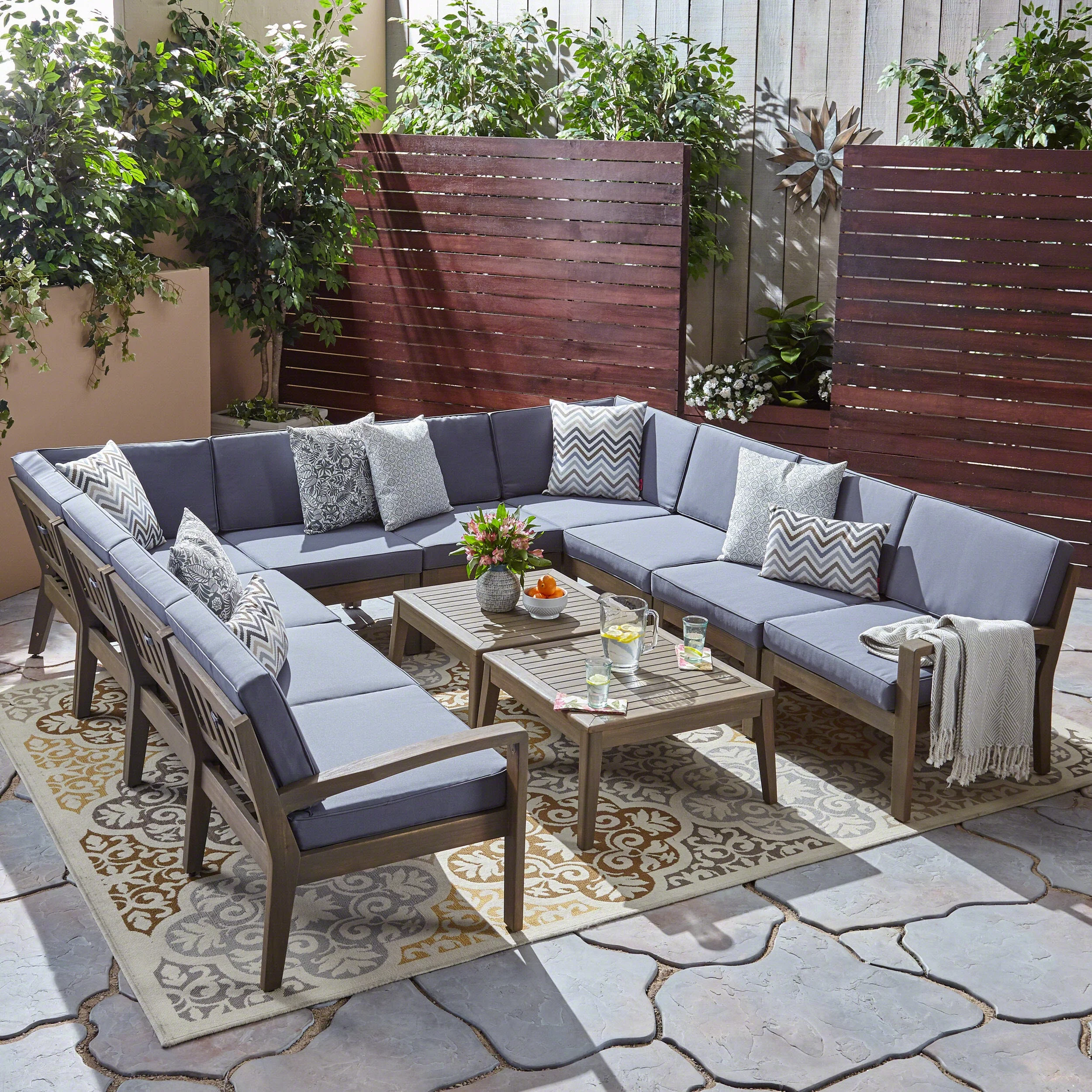 GDF Studio Parma Outdoor Acacia Wood 10 Seater Sectional Sofa Set with Coffee Table Set, Gray and Dark Gray