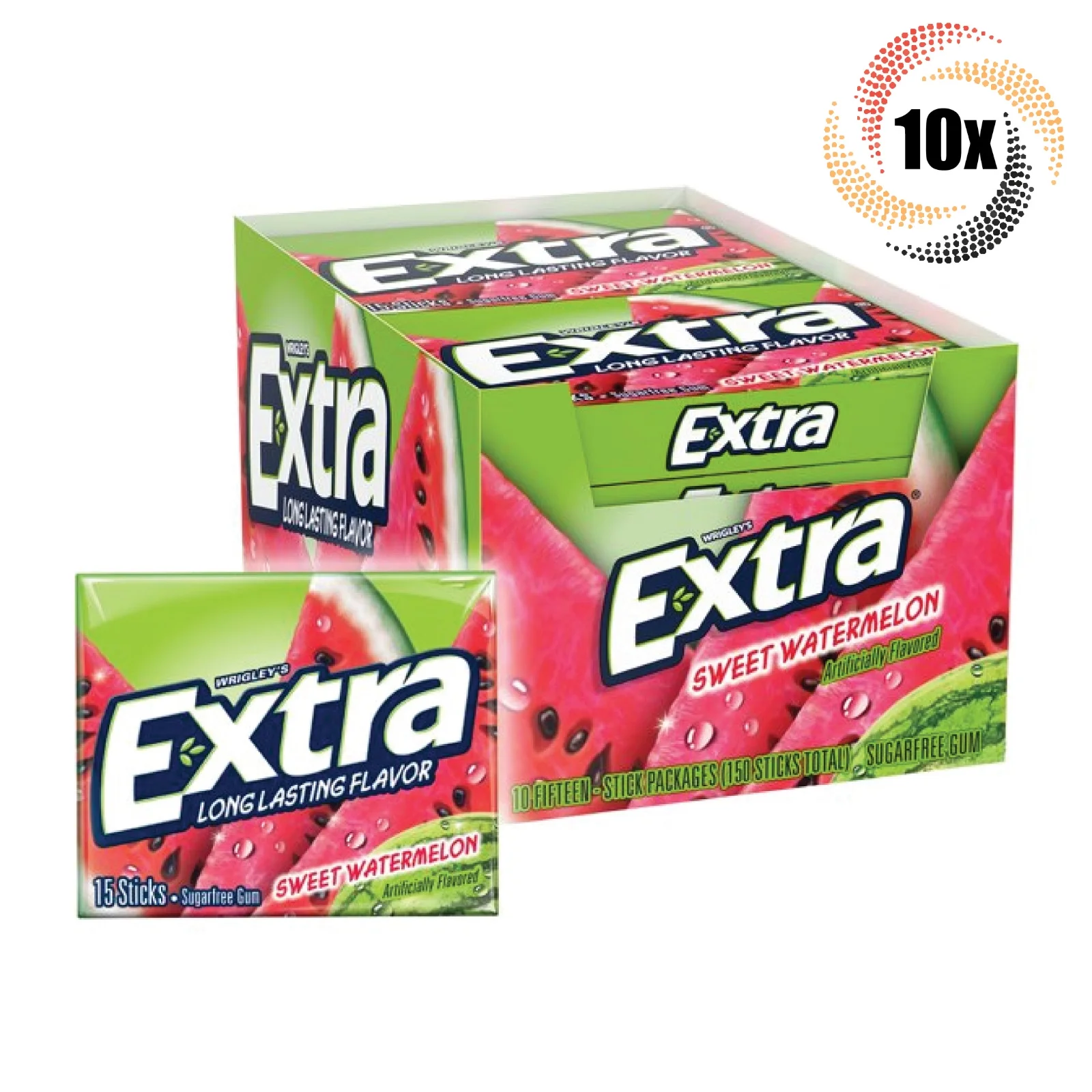 Full Box 10x Packs Wrigley's Extra Sweet Watermelon Gum - 15 Sticks Per Pack