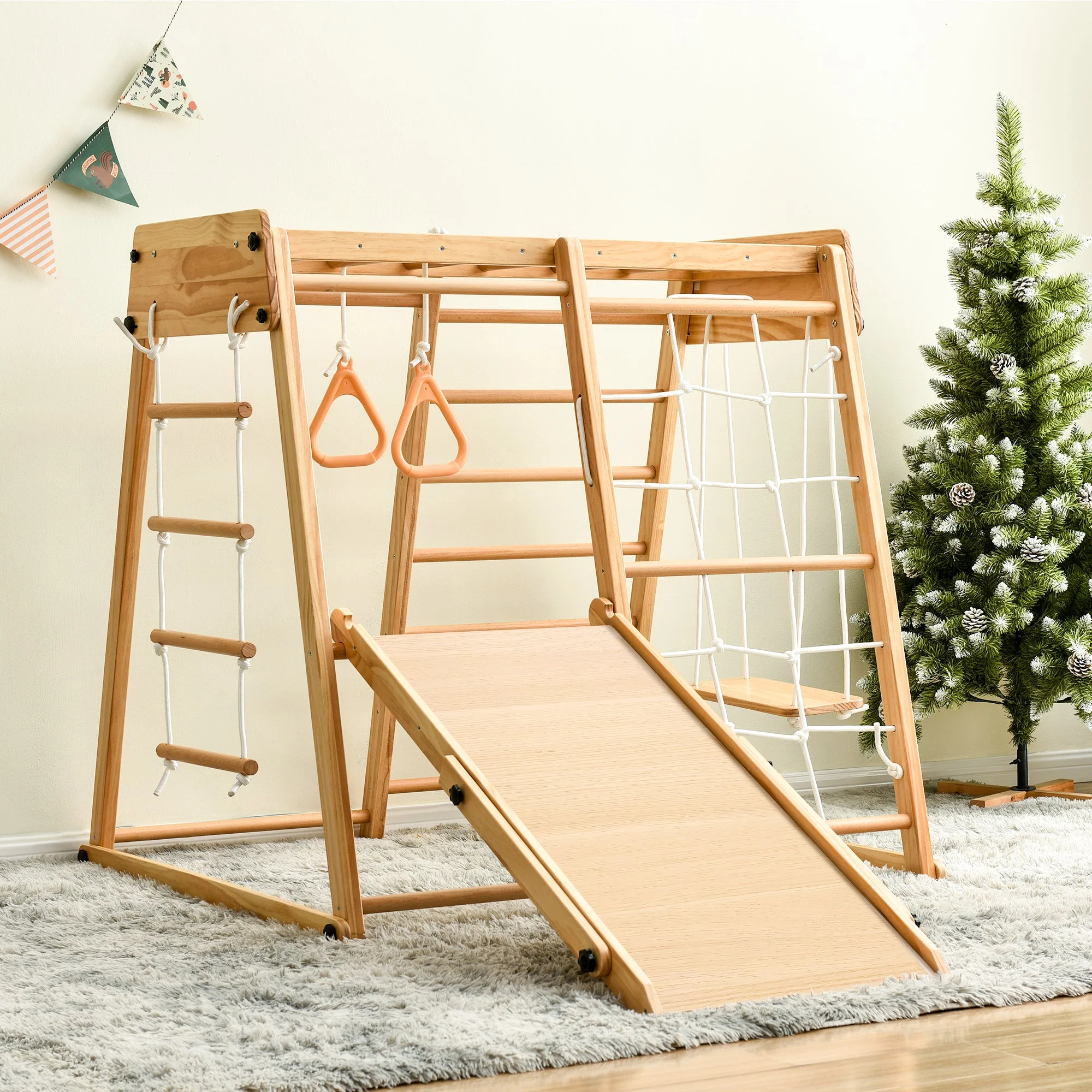 Toddlers Wooden Climber 8-in-1 Slide Swing Rings Playset Indoor Kids Playground
