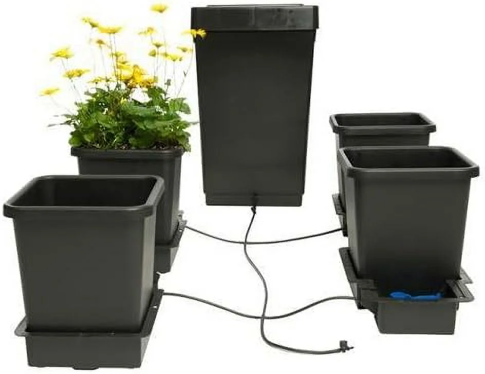 Auto 4 System With 3.9 Gallon Plastic s And 12.4 Gallon  - Self-Watering, Gravity-Fed Hydroponic Indoor System (4 - 3.9 Gal - 12.4 Gal ) Black