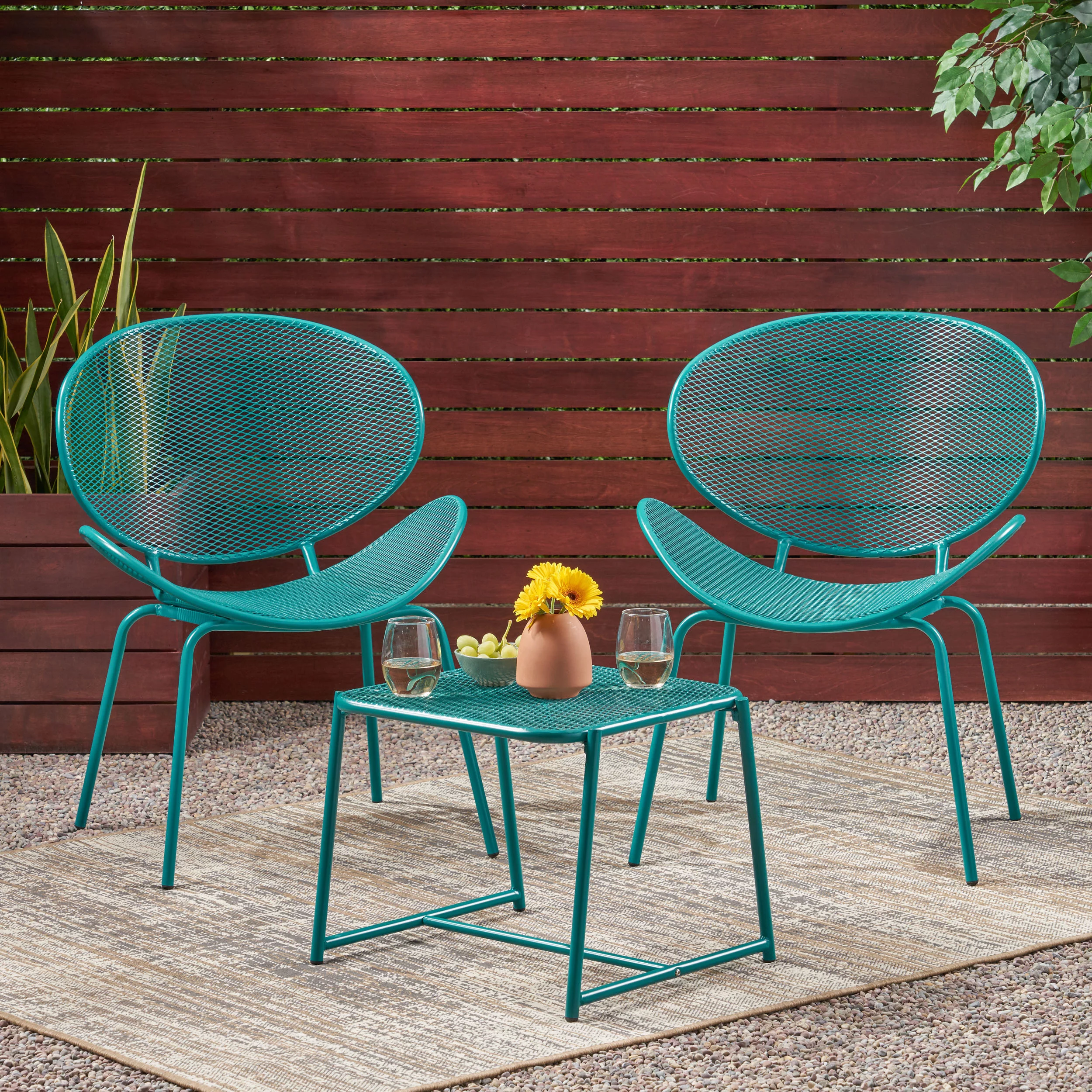 GDF Studio Poynes Outdoor Modern 3 Piece Chat Set, Matte Teal
