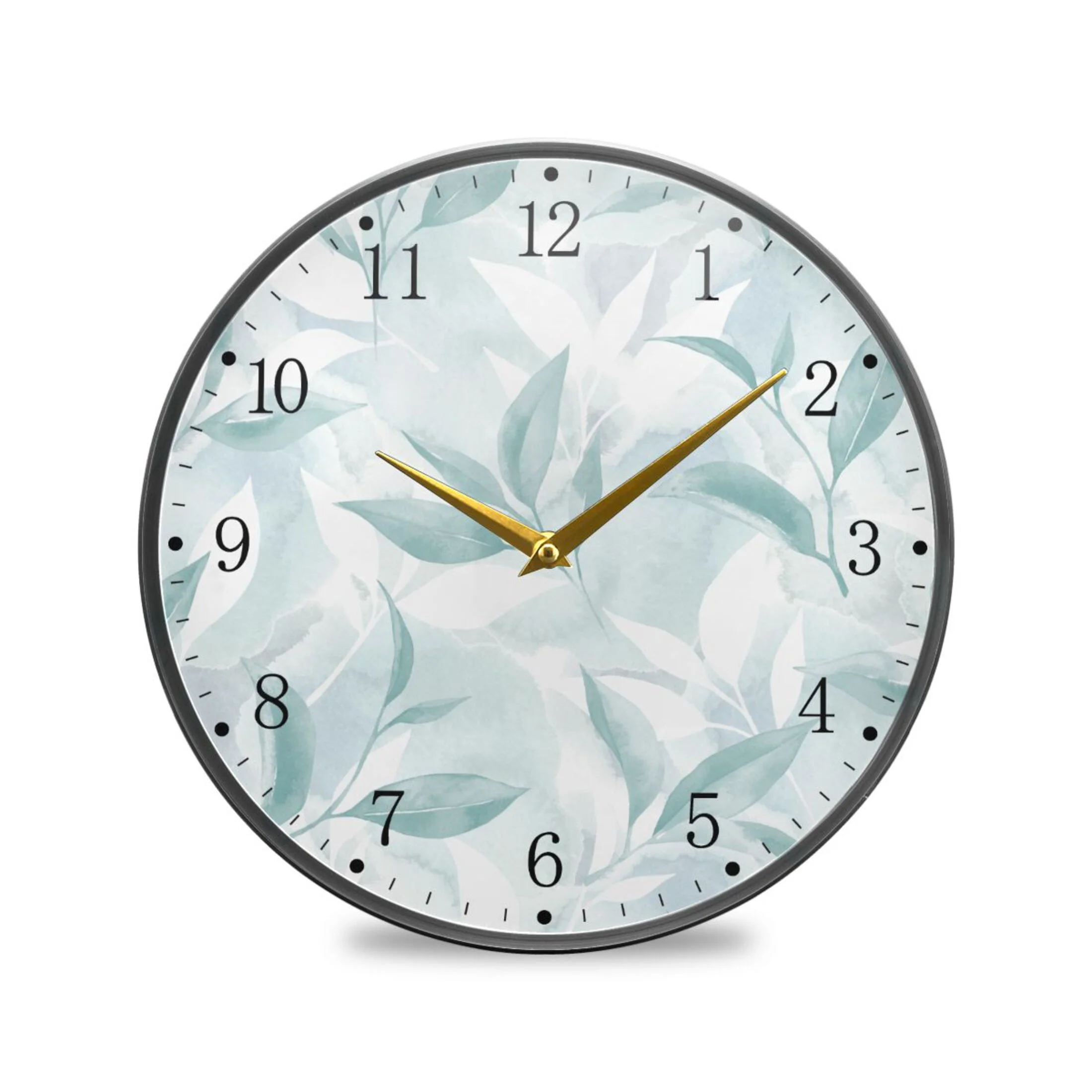 Watercolor Green Leaves Acrylic Wall Clocks Quiet Round Clock Battery Operated Non-Ticking Clock for Bedroom Kitchen Office Decorative 11.9 Inch