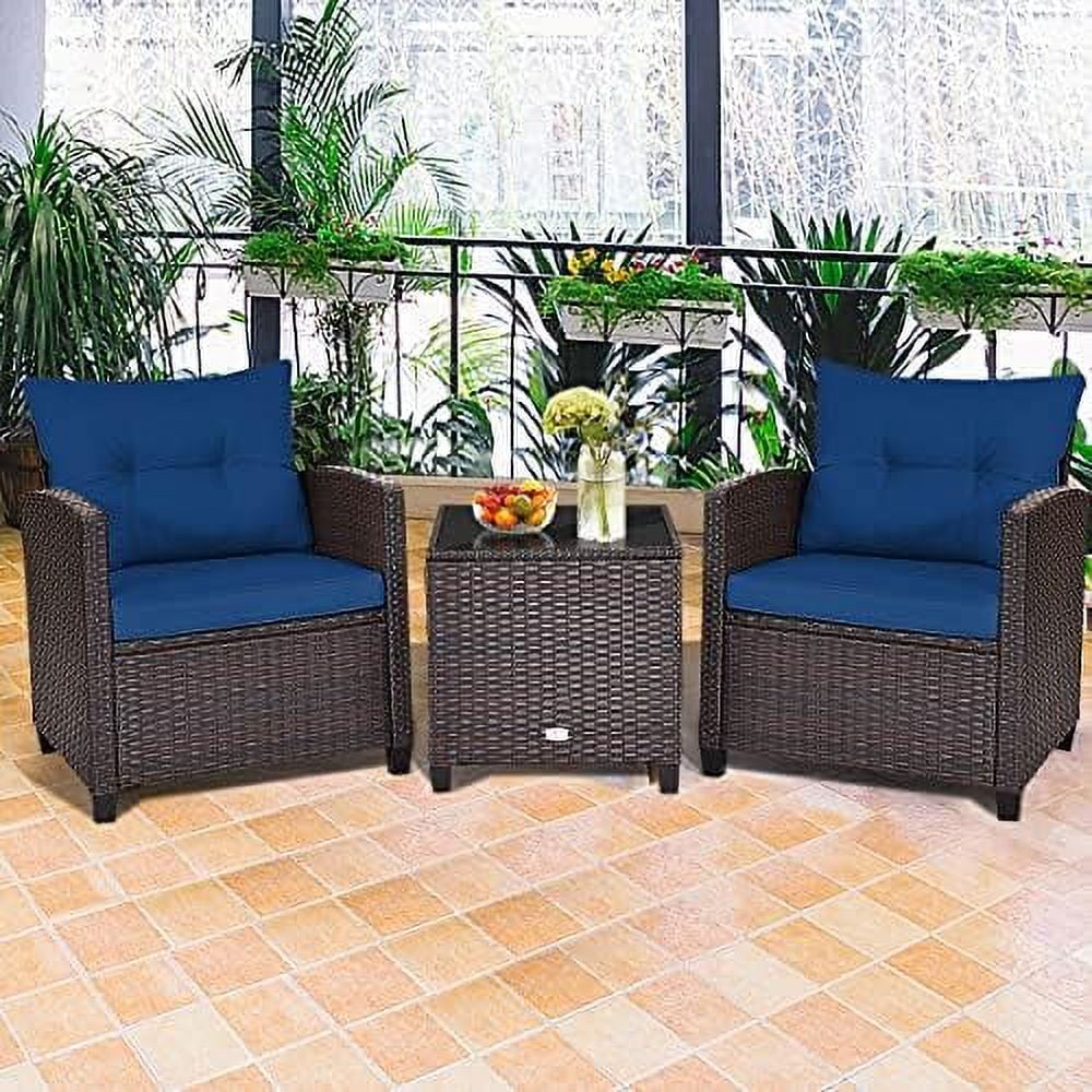 HYHBIBOOM 3 Pieces Patio  Set Outdoor  Rattan Wicker Chairs and Table Set  Balcony Porch Conversation Set with Washable Cushions & Tempered Glass Coffee Table