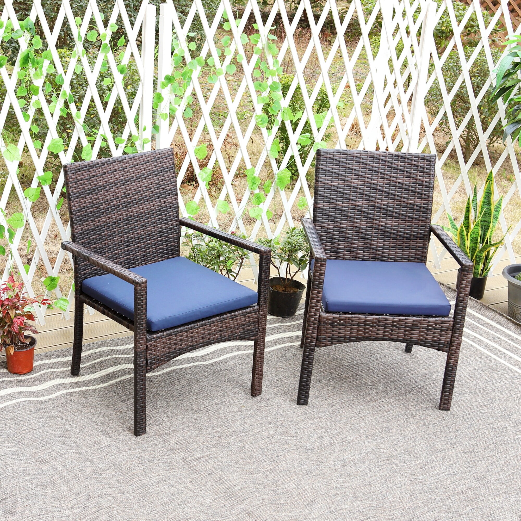 2 Pieces Outdoor Rattan Dining Chair Set with Cushions