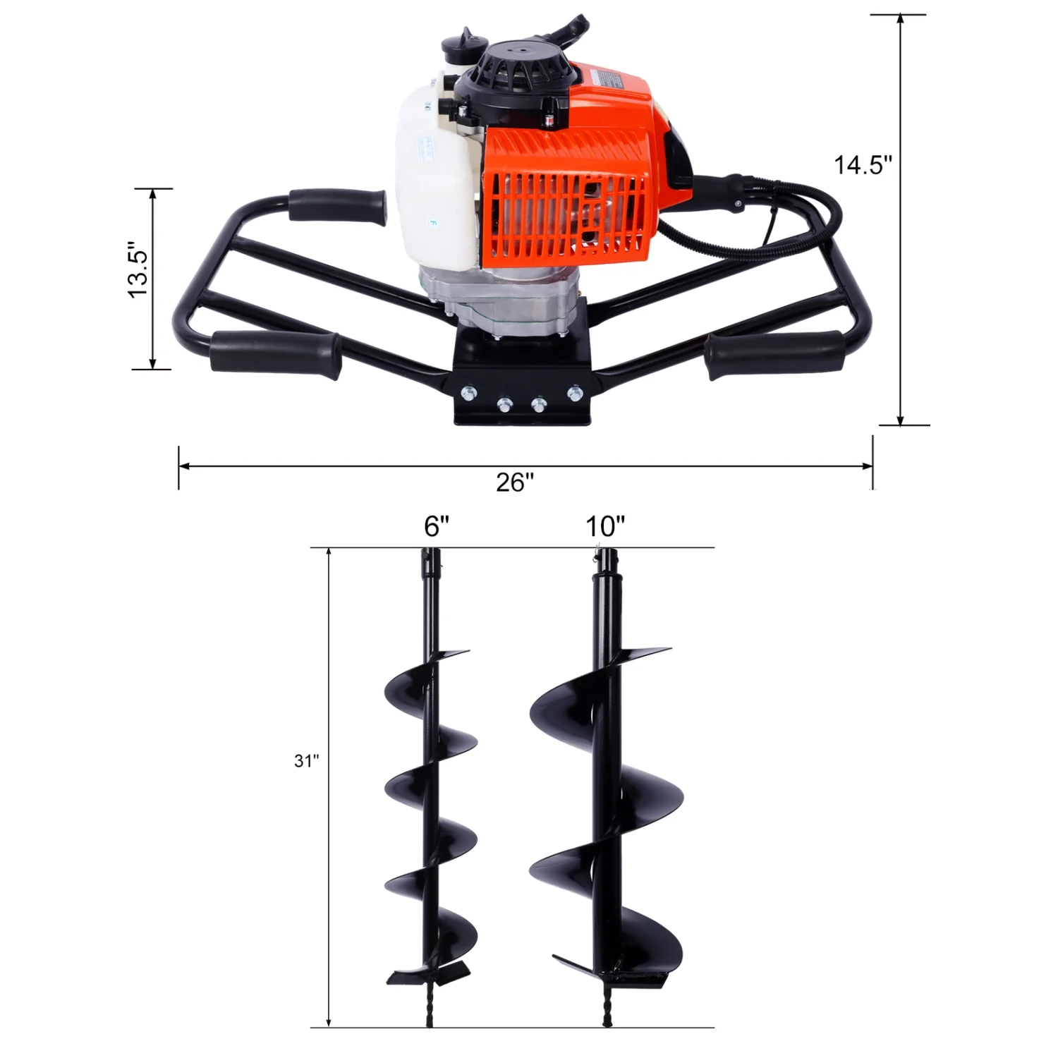 2.7HP Post Hole Digger 63cc two person handle Gas-Powered 2-Stroke Auger Digging Drill Shaft Size 3/4” (Machine Only)EPA COMPLAINT With L6”+L10” DRILL BITS