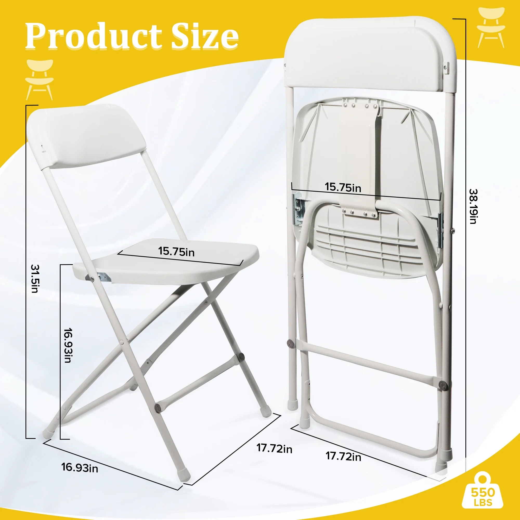 10 Pack White Plastic Folding Chair, Indoor Outdoor Portable Stackable Commercial Seat with Steel Frame 350lb. Capacity for Events Office Wedding Party Picnic Kitchen Dining