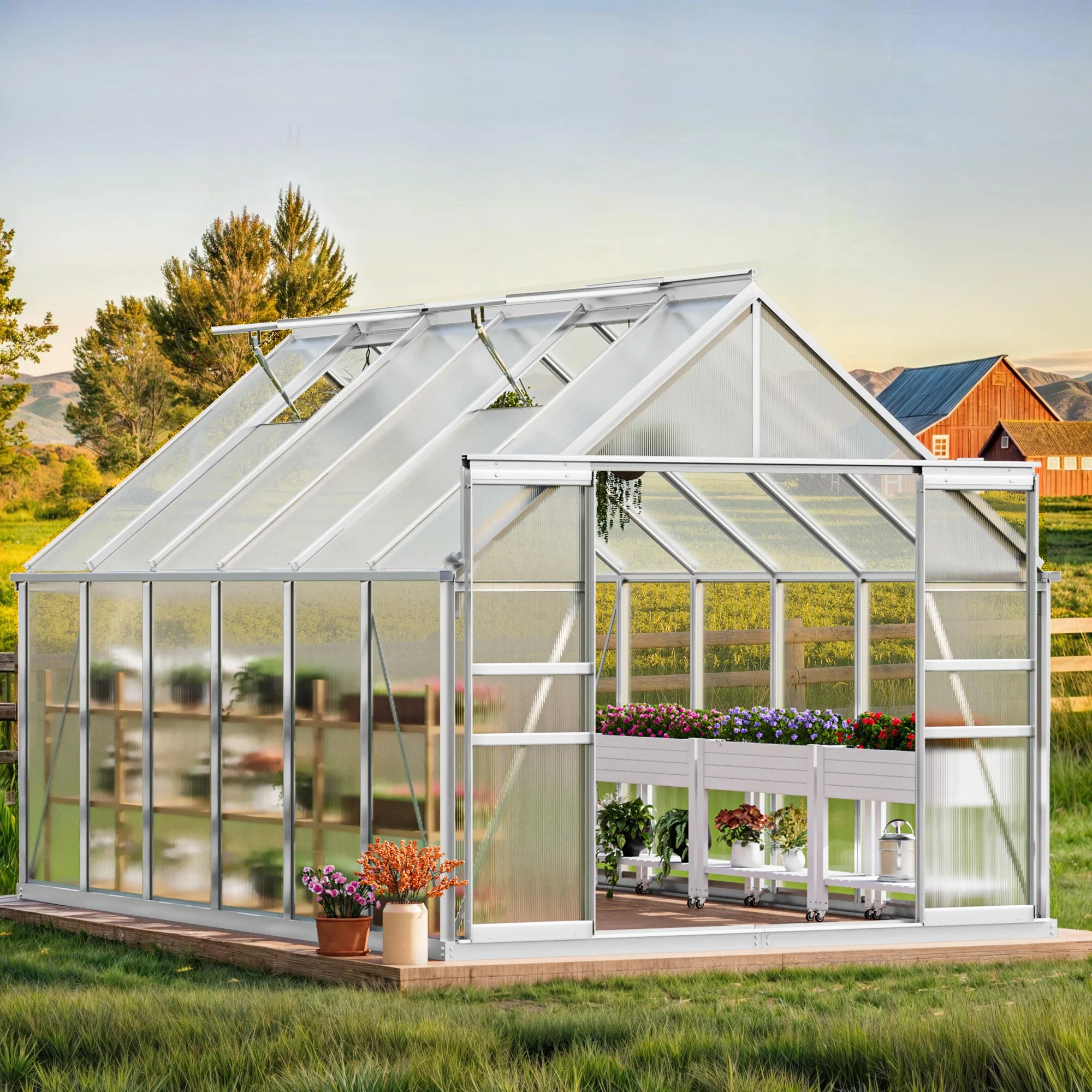 ModFusion–Silver 10x12FT Polycarbonate Greenhouse: Large, Heavy-Duty, UV-Protected, Aluminum Frame, Sliding Doors, Vent Windows, Matte Silver for Outdoor Gardening