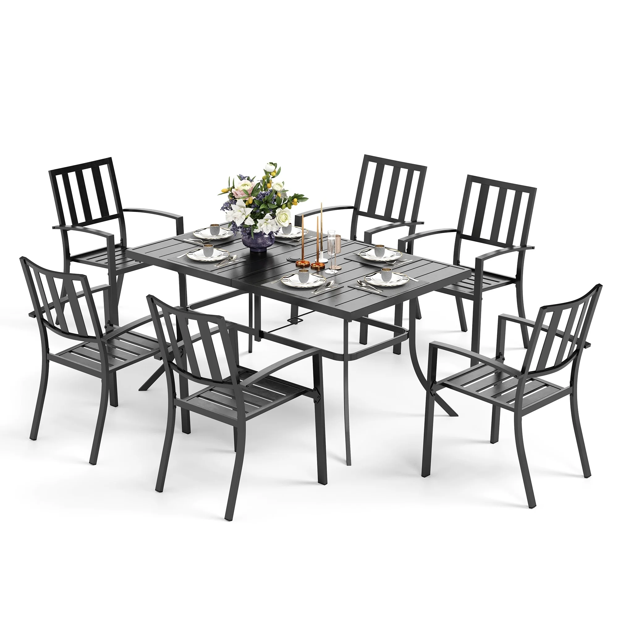 Patio Dining Set 7 Piece Metal Rectangle Patio Table with Umbrella Hole and 6 Metal Dining Chairs Table Style A