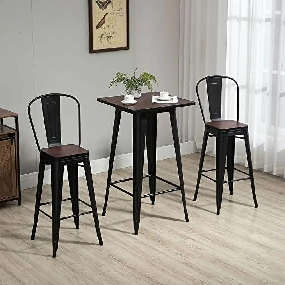 ZWGHLI 3 Piece Industrial Dining Table Set   Height  Table and Chairs Set with Footrests for Bistro  Pub  Black  and Brown
