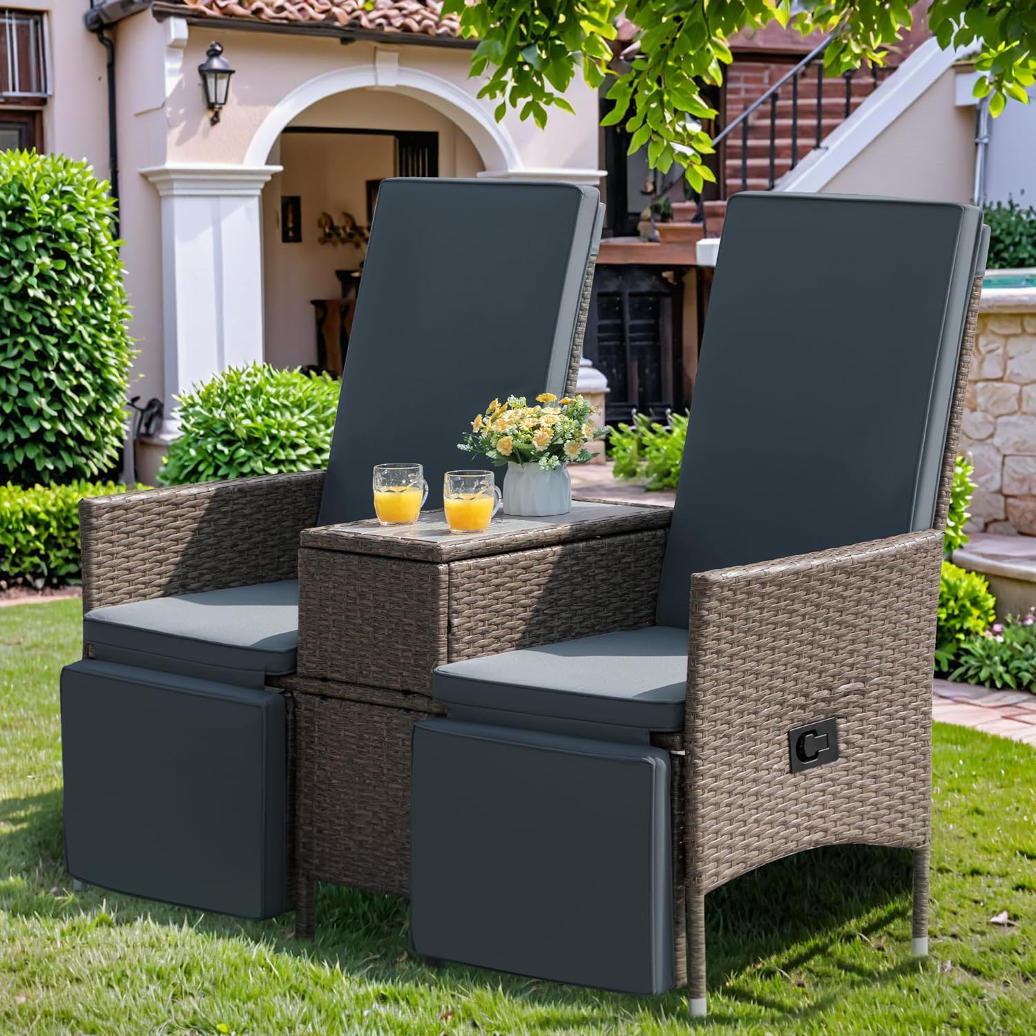 Dina Patio Recliner Loveseat Chair  Adjustable Backrest Wicker Conversation Set with Table Thick Cushion  Indoor & Outdoor Patio Recliners for Balcony  Porch  Living Room