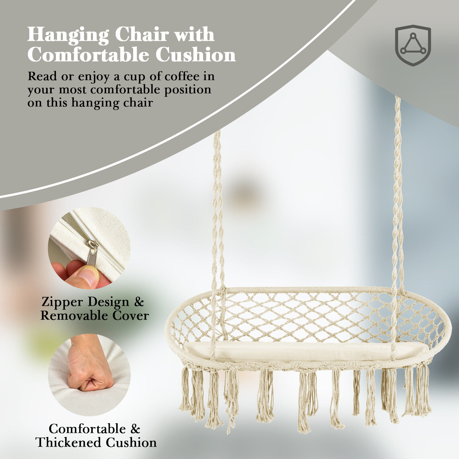 2 Person Hanging Hammock Chair with Cushion Macrame Swing 330 lbs Capacity Beige