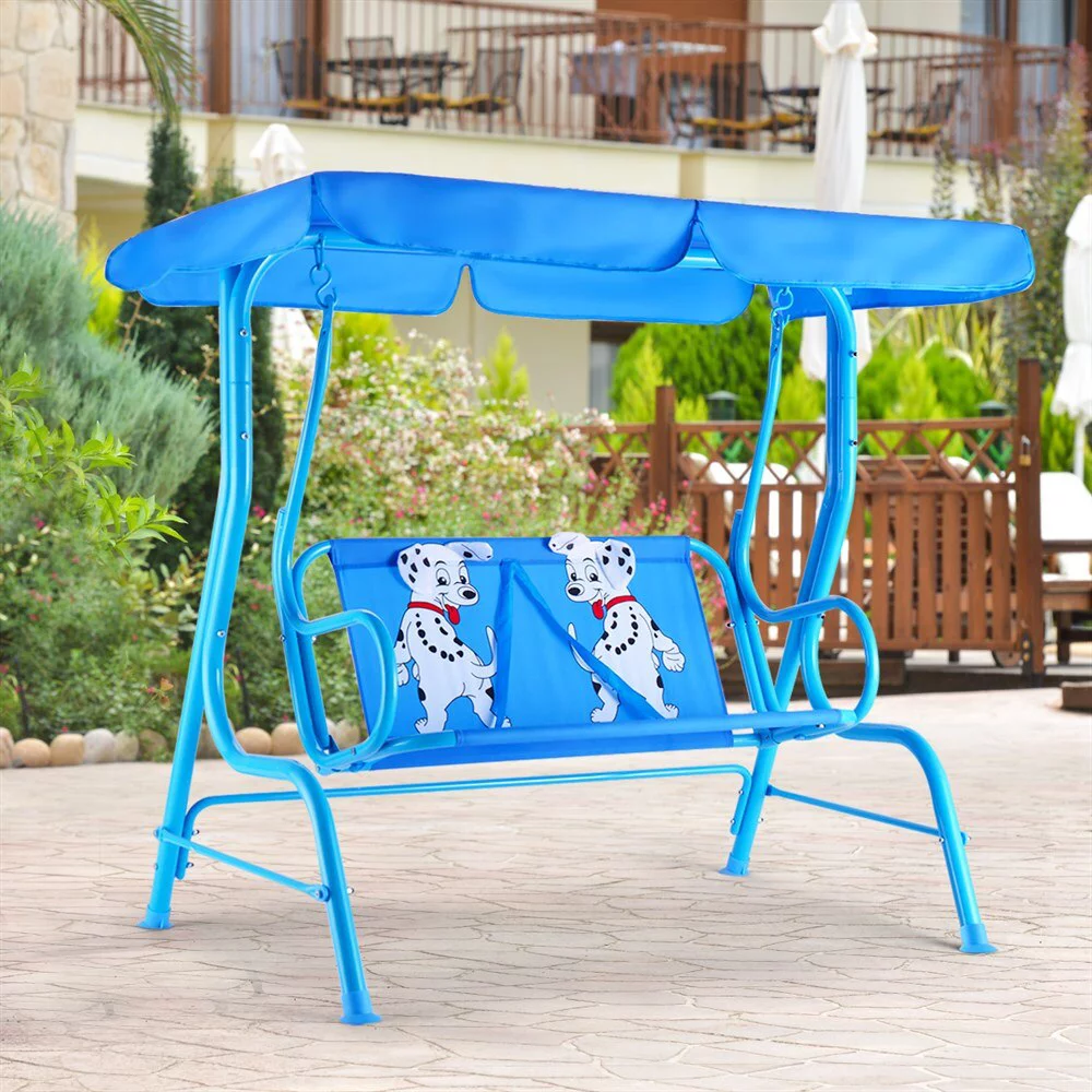 Blue Kids Patio Swing Chair Children Porch Bench Canopy 2 Person Yard Furniture