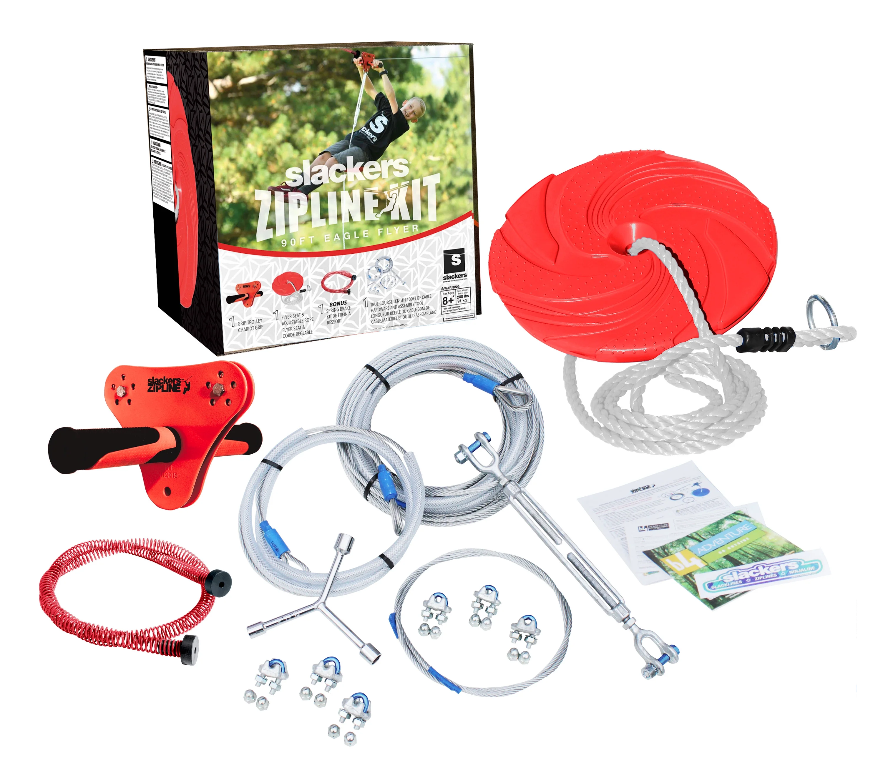 Slackers 90' Zipline Kit with Seat and Bonus Spring Brake System Including Premium Zipline Safety Features