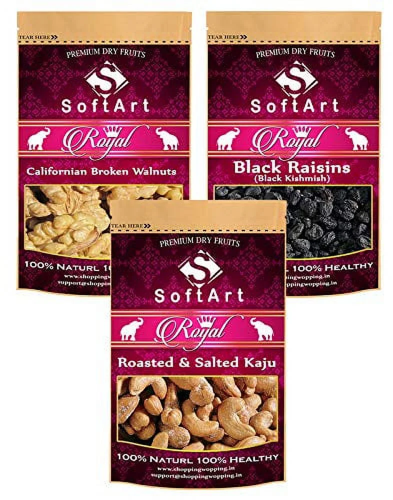 Softart Royal Californian Broken Walnuts, Black Kishmish (Black Raisins) & Roasted & Salted Cashew (250G Each) Vacuum Pack