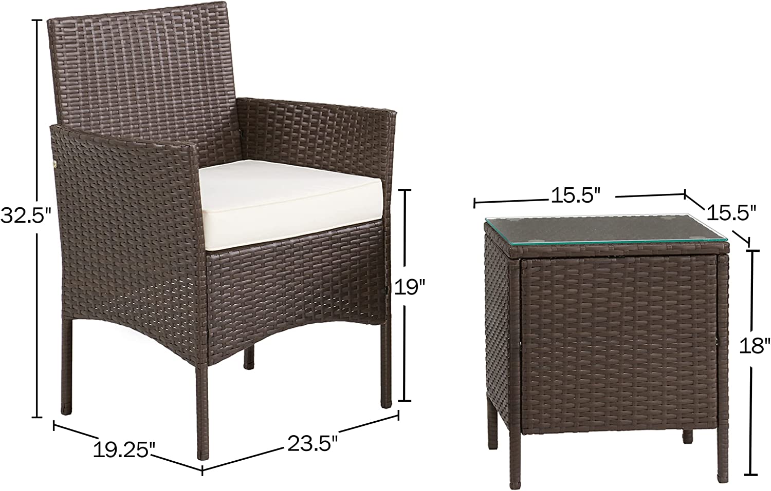 MINGFENG 80-OUTD-WK-CUSHCHTBL (Brown) Outdoor Patio Set – 3-Piece Rattan Seating Combo with 2 Cushioned Chairs and Table for Deck or Front Porch Furniture