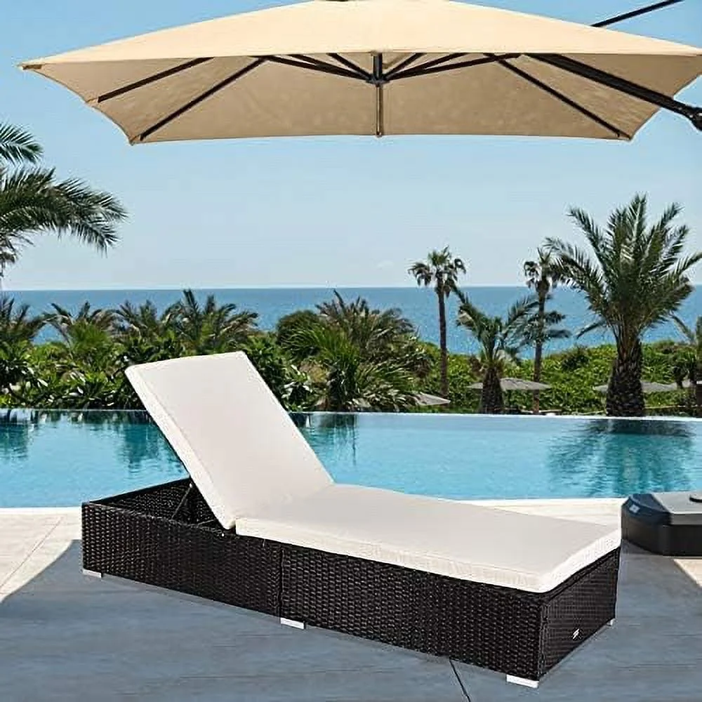 LNSETGC Adjustable Wicker Patio Chaise Lounge Outdoor  Rattan Outdoor Lounge Chair  All Weather Patio Chaise Lounge with Adjustable Backrest and Soft Cushions Wicker Daybed (Black)
