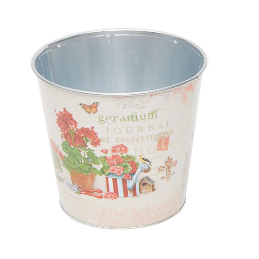 Red Geranium Print Tin Pail Planter - For Indoor Spring and Summer Arrangements and Home Decor