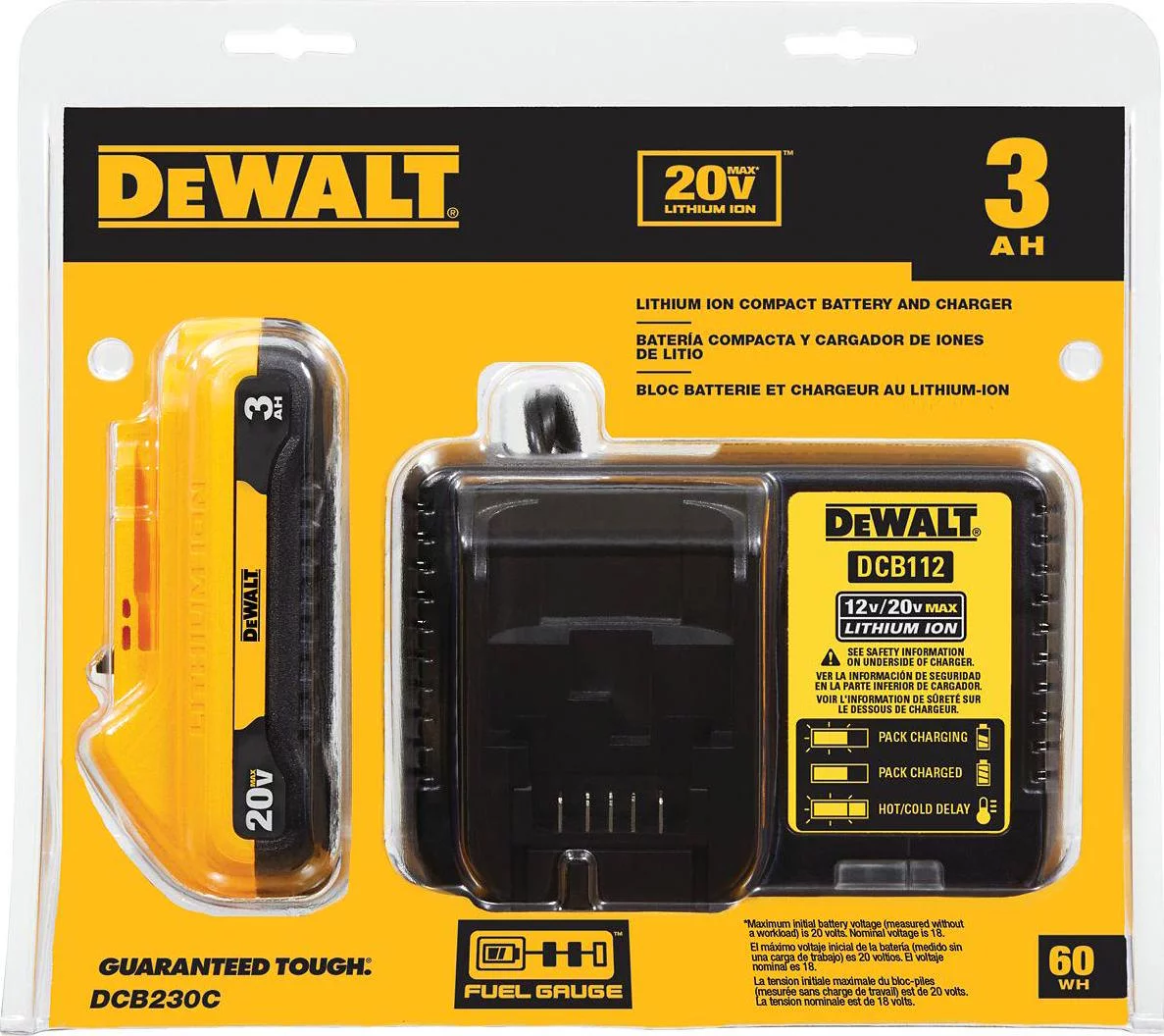 Dewalt 20V MAX Lithium-Ion 3.0 Ah Battery and Charger Kit, 3-LED Fuel Gauge System