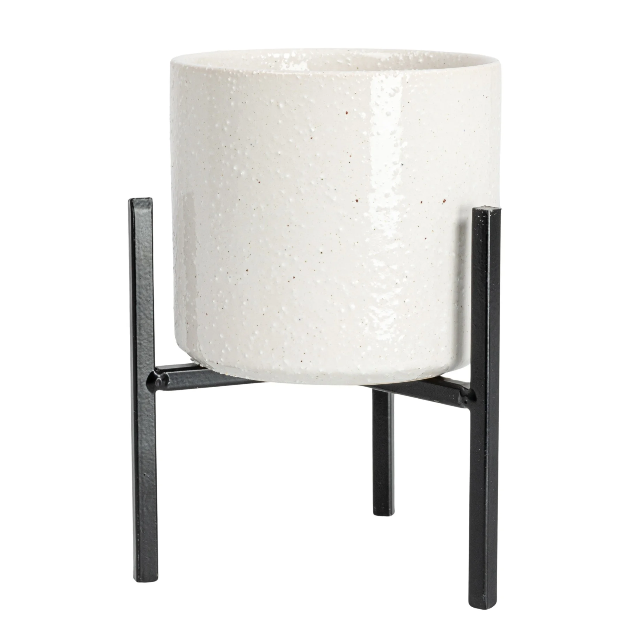 Bloomingville Small White Stoneware Flower Pot with Black Metal Stand