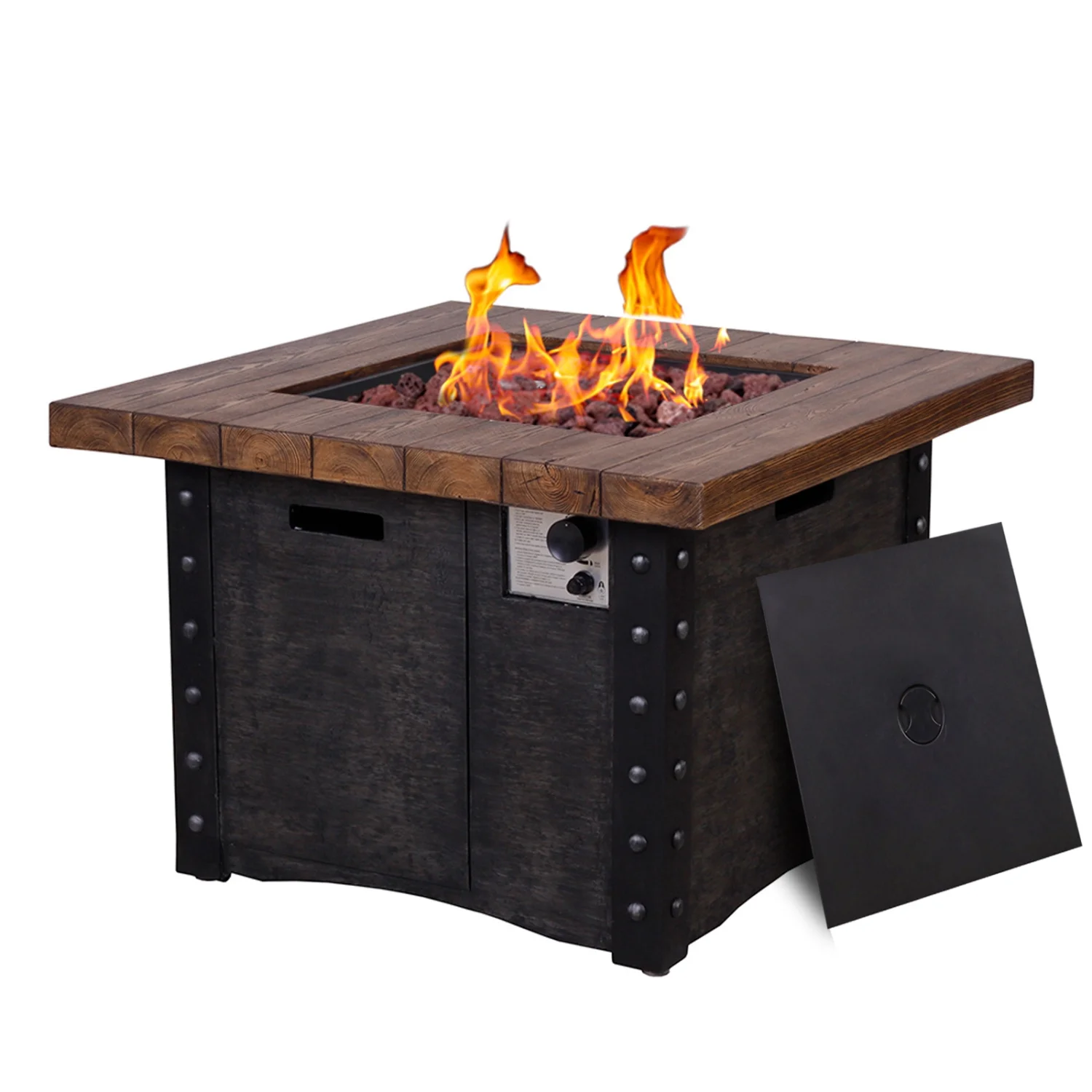 High-Quality Stylish and Functional Outdoor Gas Fire Table with Faux Woodgraine Table Top - Perfect Addition to Your Patio or Backyard for Entertaining Guests and Keeping Warm on Chilly N
