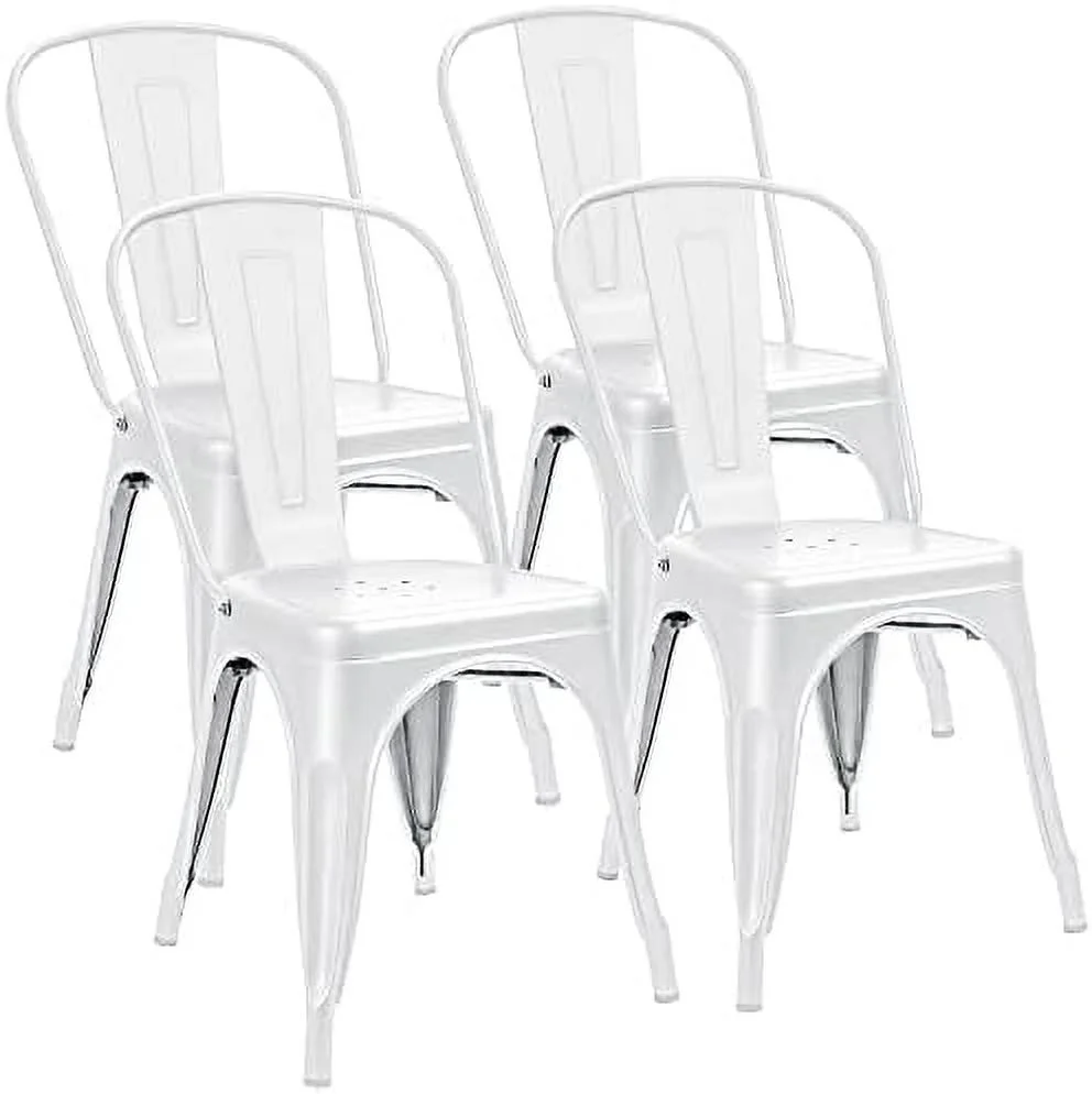 MQLIFEBOOM Metal Indoor-Outdoor Use Stackable Kitchen Trattoria Side Chic Dining Bistro Cafe Chairs with Back Set of 4 (Distressed Blue)