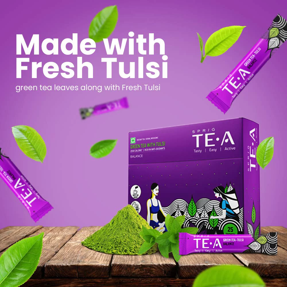 Sprig Green Tea With Tulsi |Fresh Tulsi| Fully Soluble Green Tea |Low Bitterness | Antioxidant Rich |Boost Immunity| Reduce Stress And Anxiety |No Additives |25