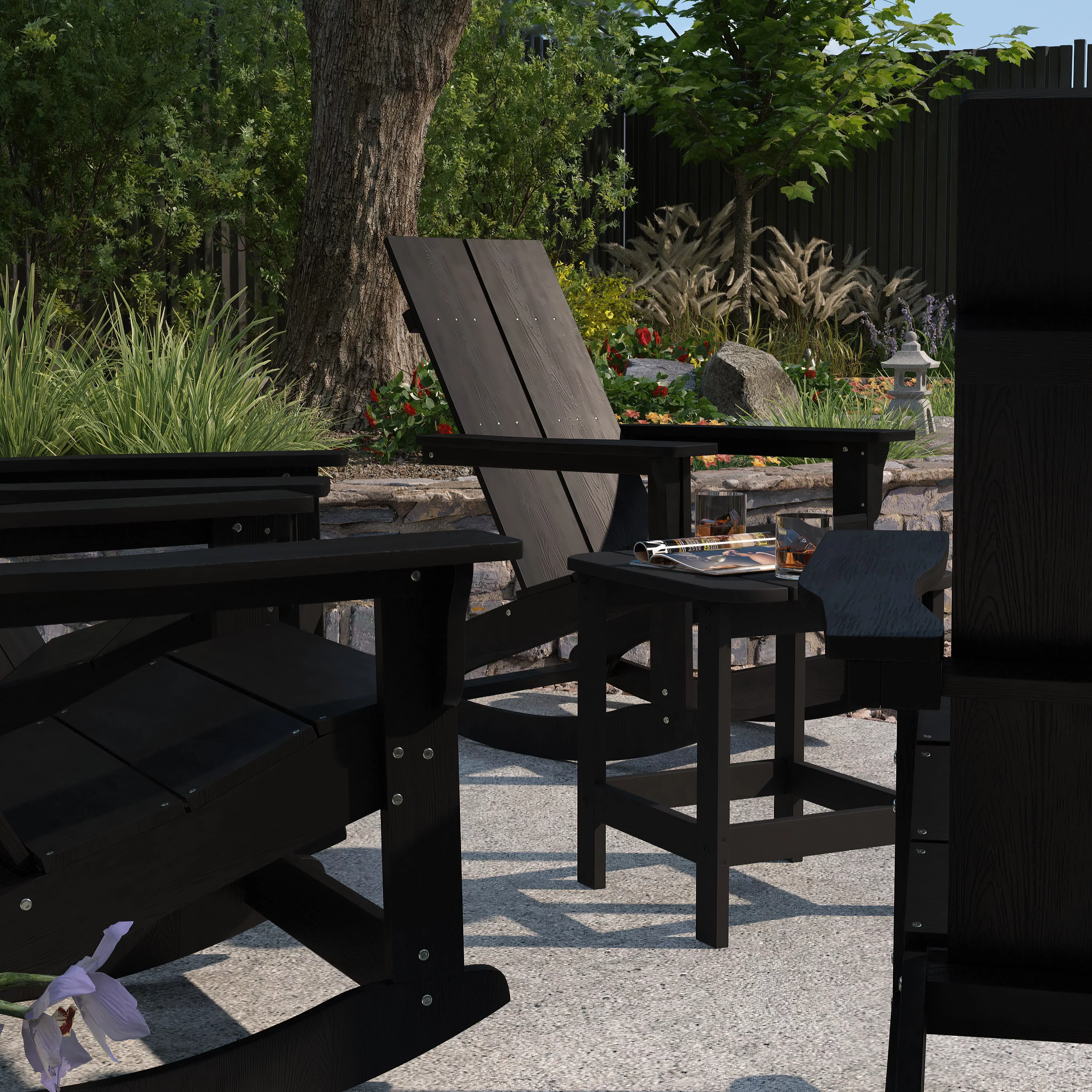 Merrick Lane 5 Piece Patio Furniture Set Includes Black All-Weather UV Treated Adirondack Rocking Chairs and Side Table