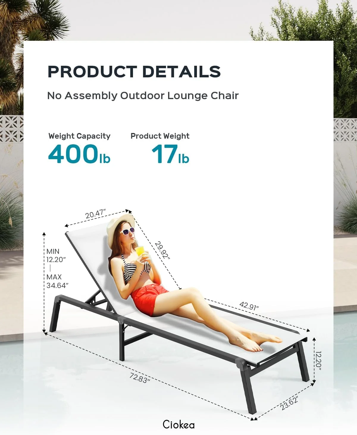 Aluminum Chaise Lounge Ourdoor - Foldable & Assemble Free Outdoor Lounge Chair with 5 Adjustable Backrest, Patio Lounge Chair for Outside Poolside Beach Pool, White